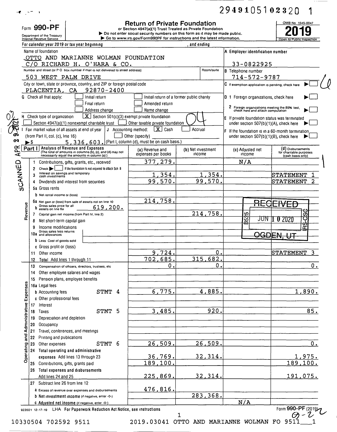 Image of first page of 2019 Form 990PF for Otto and Marianne Wolman Foundation