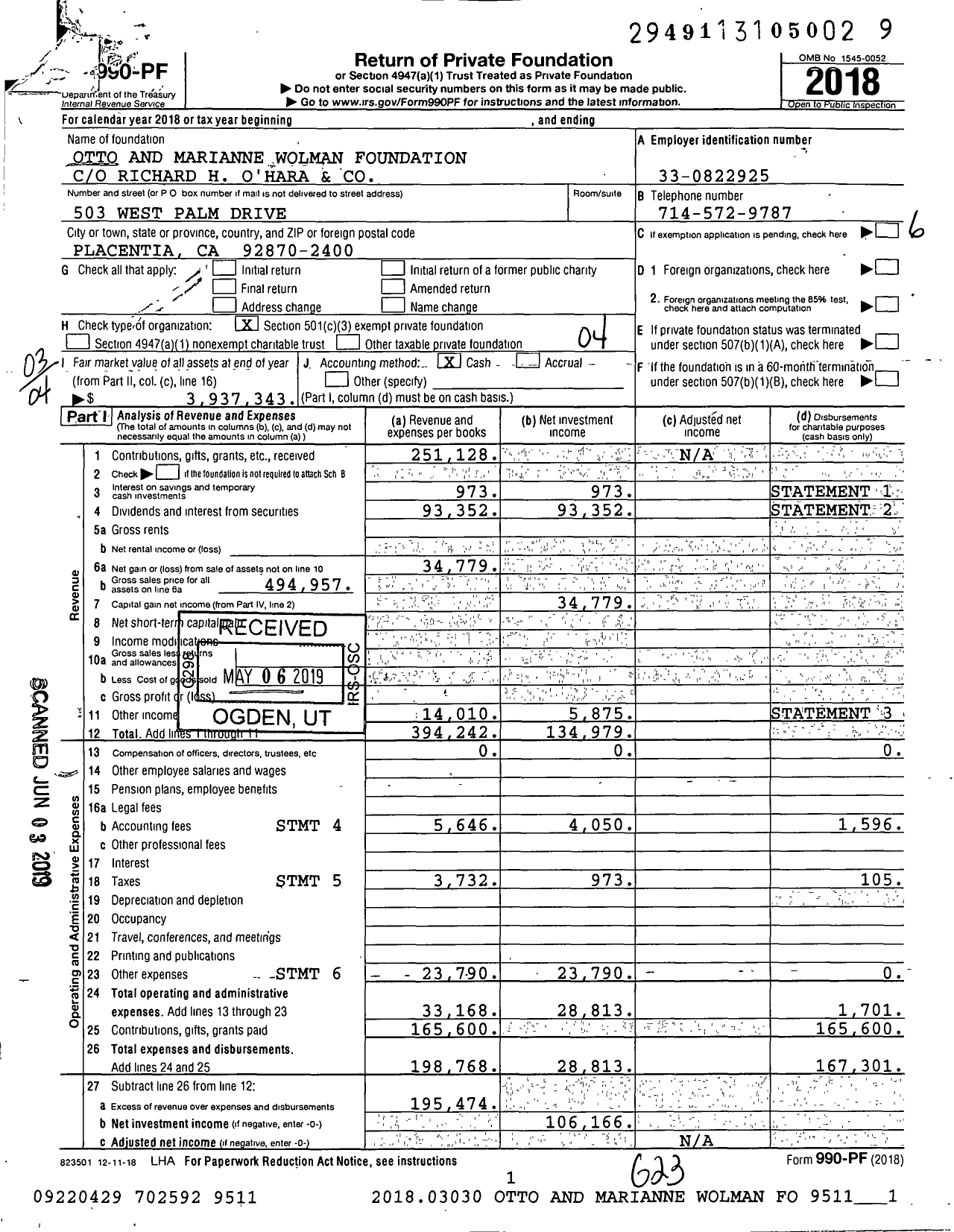 Image of first page of 2018 Form 990PF for Otto and Marianne Wolman Foundation