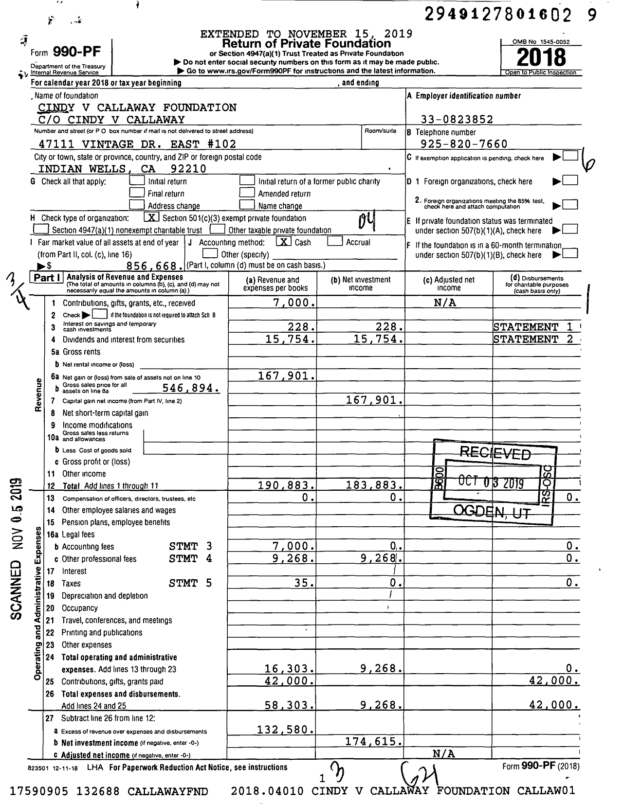 Image of first page of 2018 Form 990PF for Cindy V Callaway Foundation