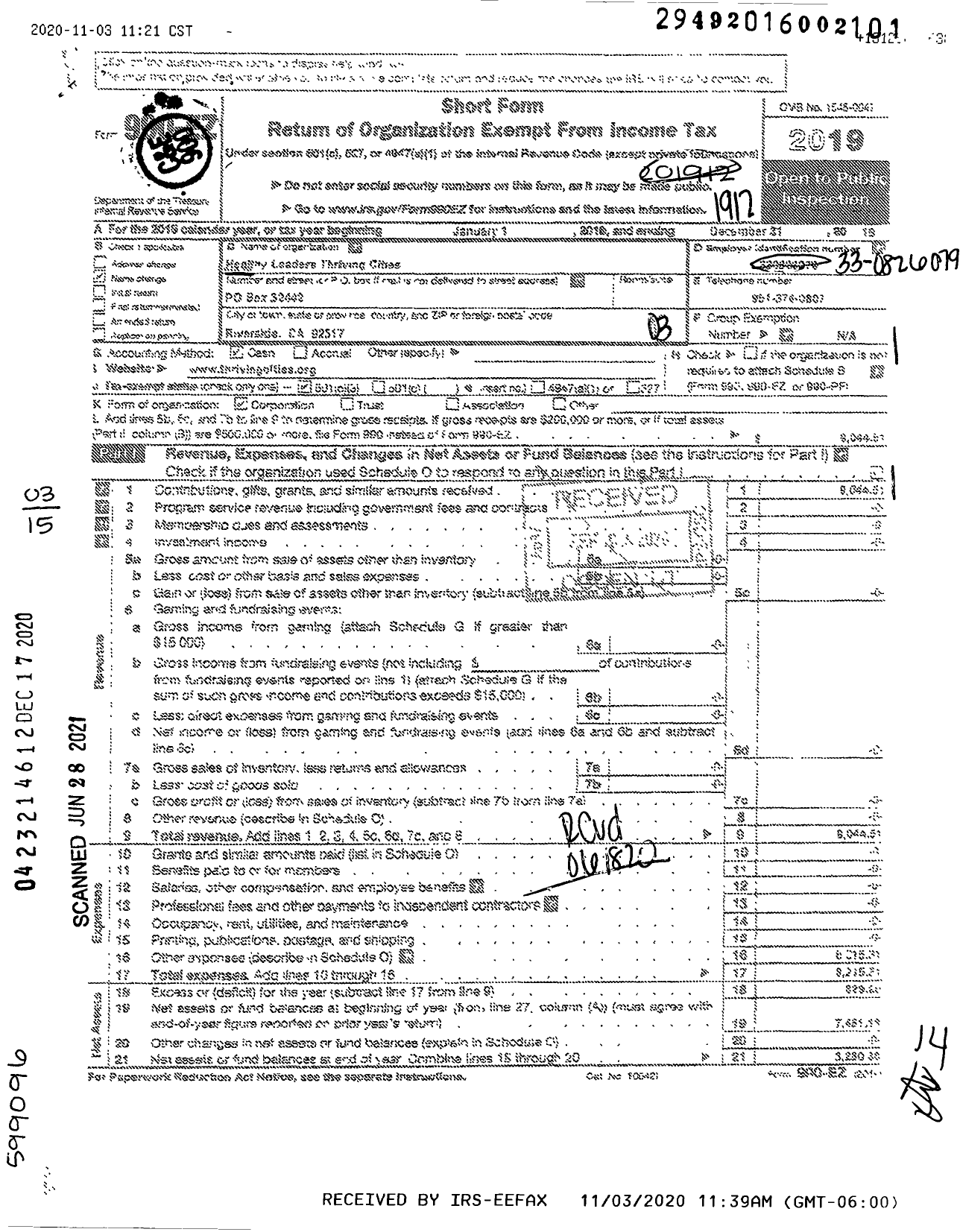 Image of first page of 2019 Form 990EZ for Healthy Leaders Thriving Cities