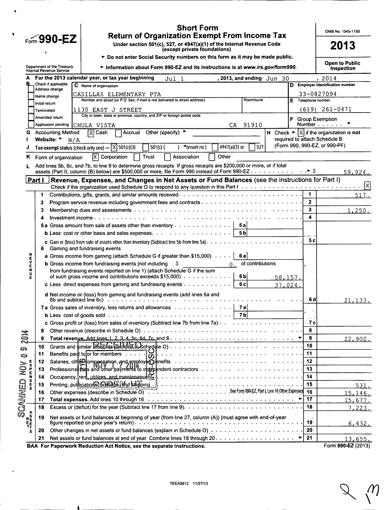 Image of first page of 2013 Form 990EZ for CALIFORNIA State PTA - 5382 Joseph Casillas Elementary SCH