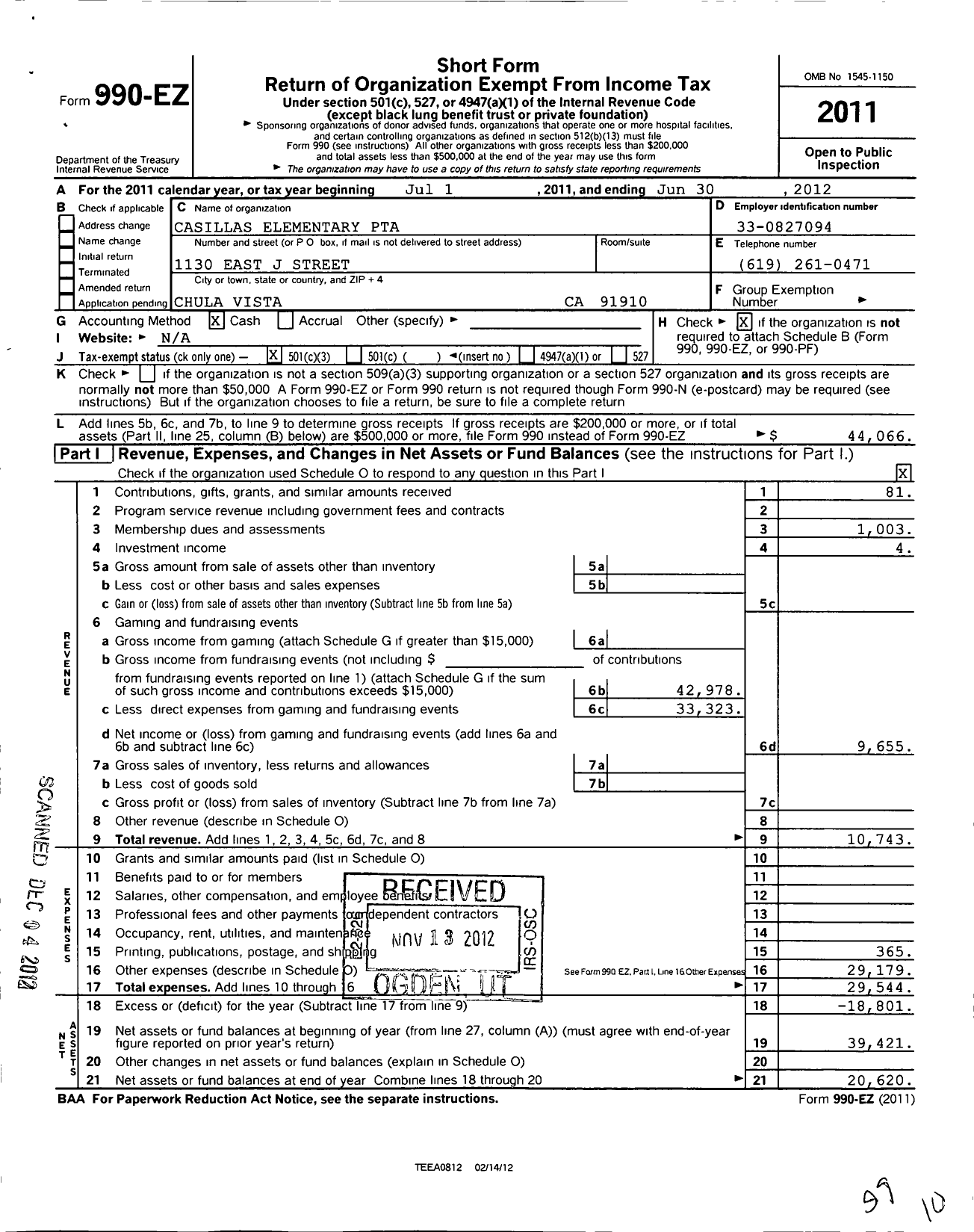 Image of first page of 2011 Form 990EZ for CALIFORNIA State PTA - 5382 Joseph Casillas Elementary SCH