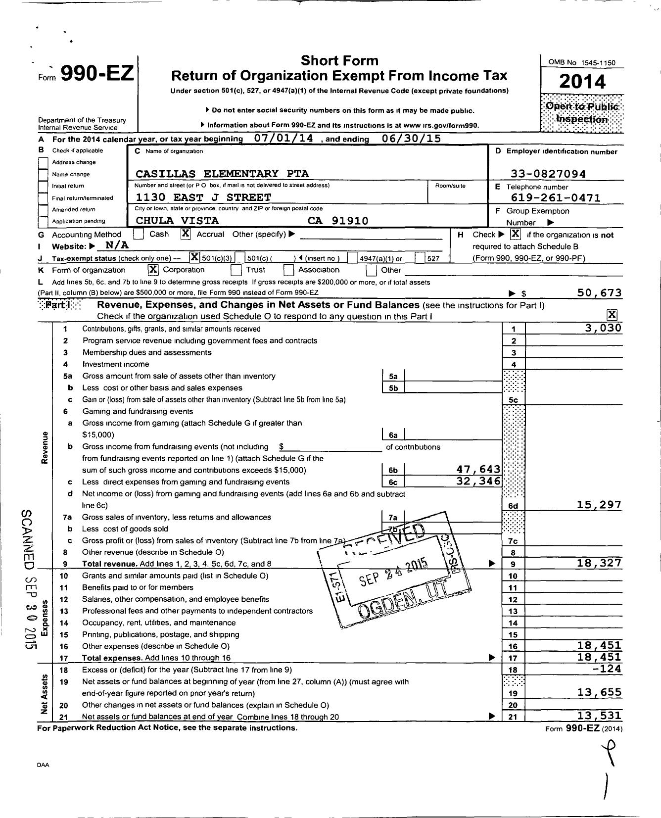 Image of first page of 2014 Form 990EZ for CALIFORNIA State PTA - 5382 Joseph Casillas Elementary SCH