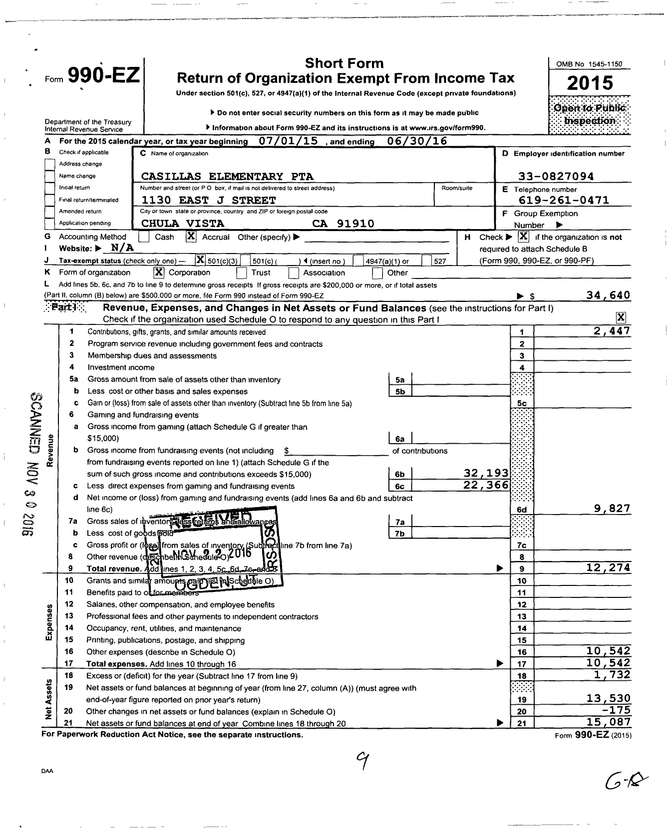 Image of first page of 2015 Form 990EZ for CALIFORNIA State PTA - 5382 Joseph Casillas Elementary SCH