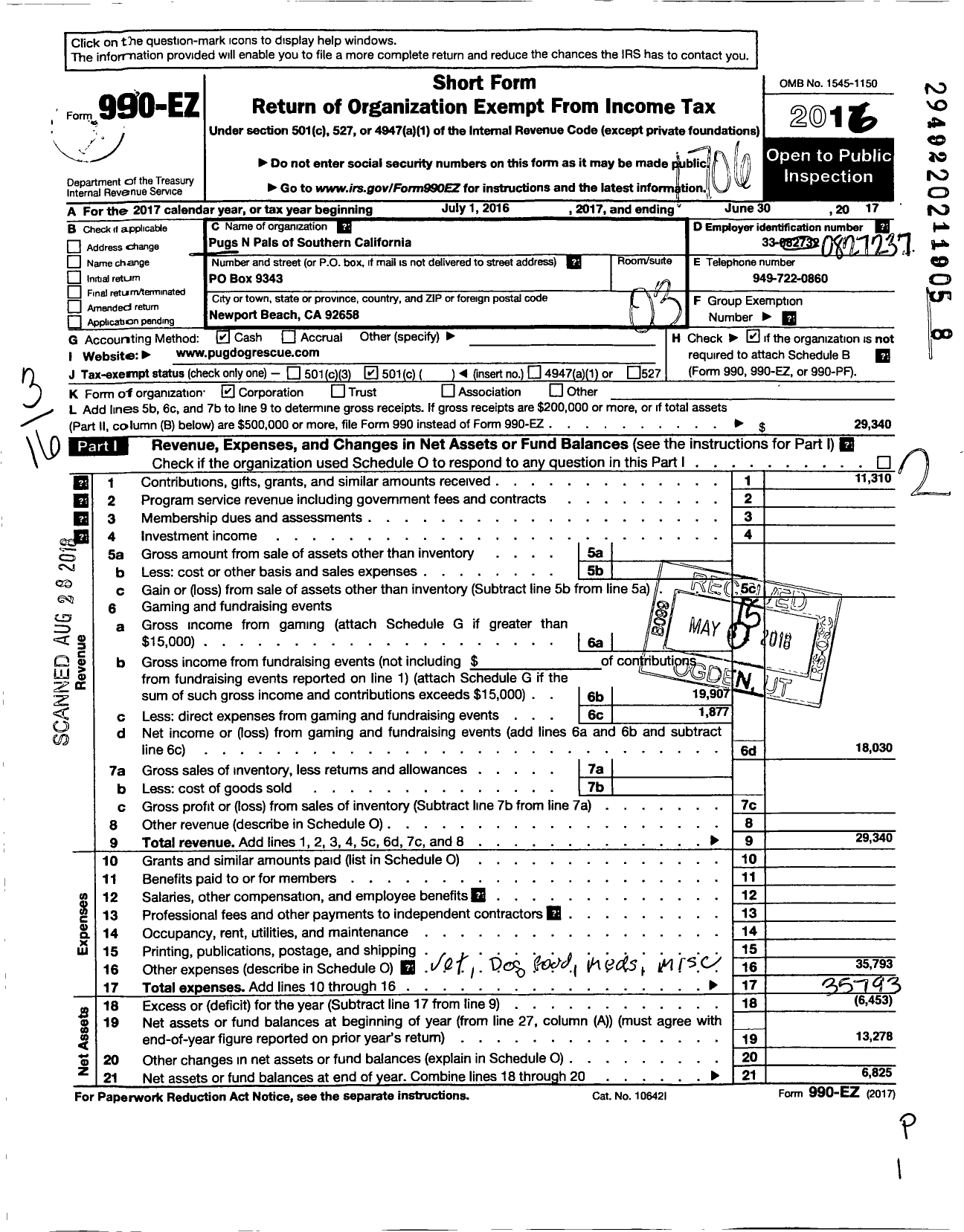 Image of first page of 2016 Form 990EZ for Pugs N Pals of Southern California