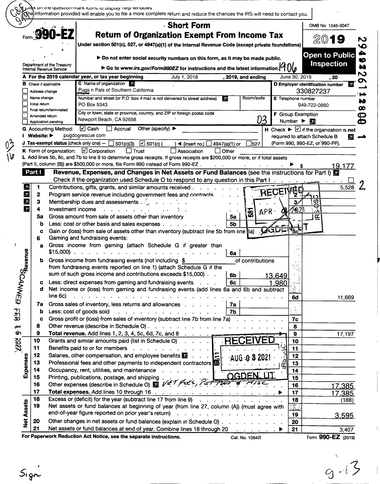 Image of first page of 2018 Form 990EZ for Pugs N Pals of Southern California