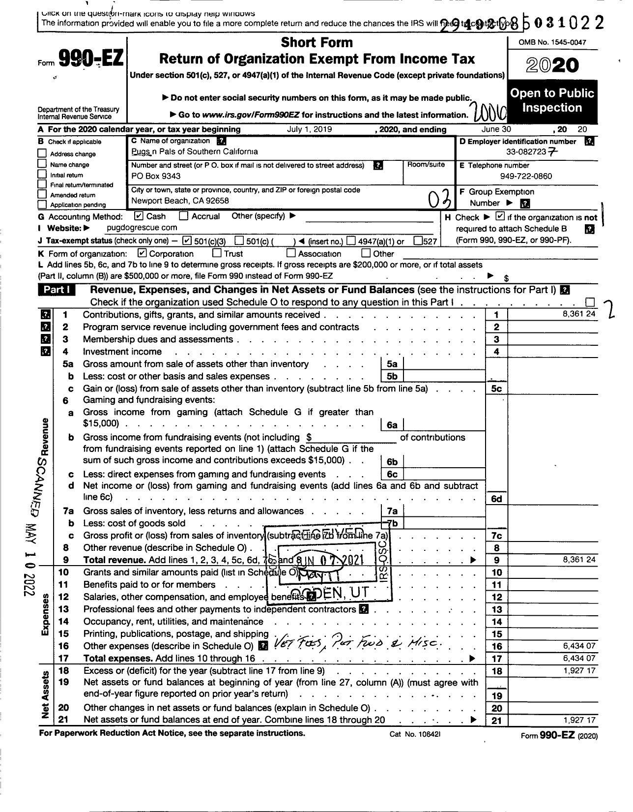 Image of first page of 2019 Form 990EZ for Pugs N Pals of Southern California