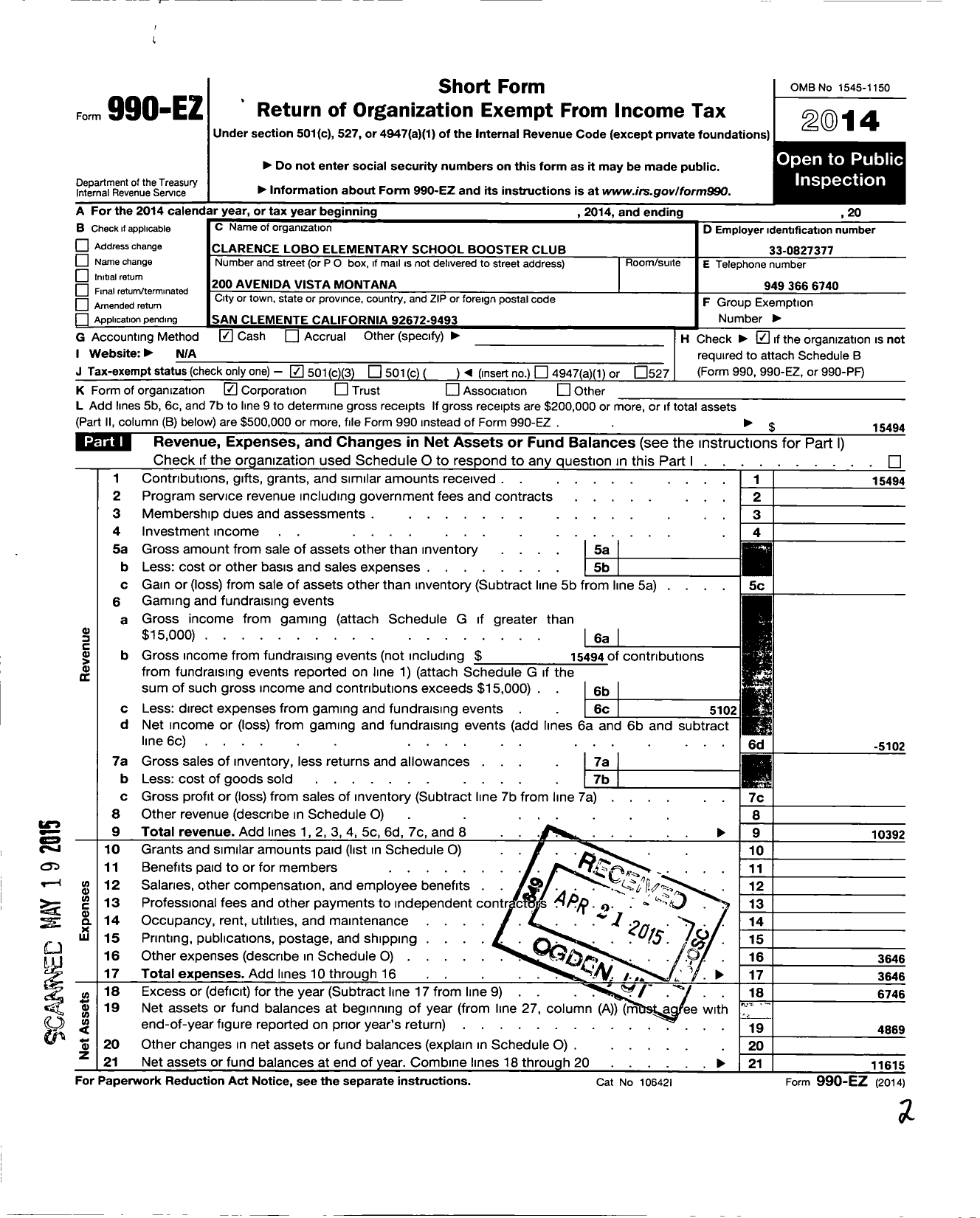 Image of first page of 2014 Form 990EZ for Clarence H Lobo Elementary School Booster Club