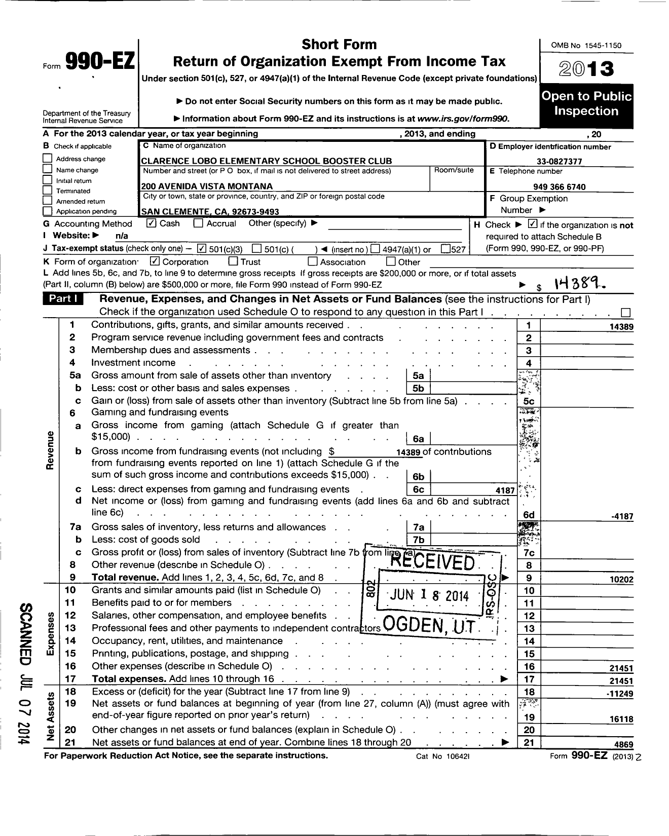 Image of first page of 2013 Form 990EZ for Clarence H Lobo Elementary School Booster Club