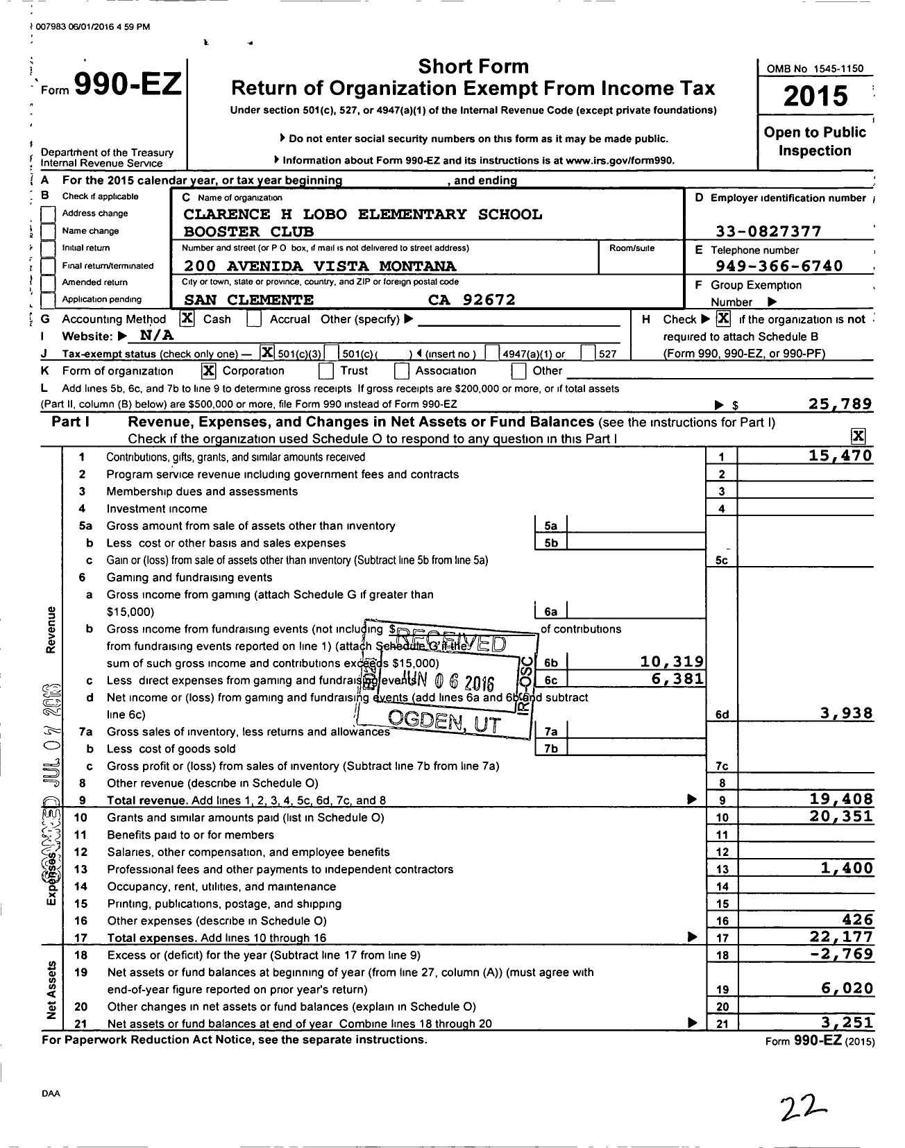 Image of first page of 2015 Form 990EZ for Clarence H Lobo Elementary School Booster Club