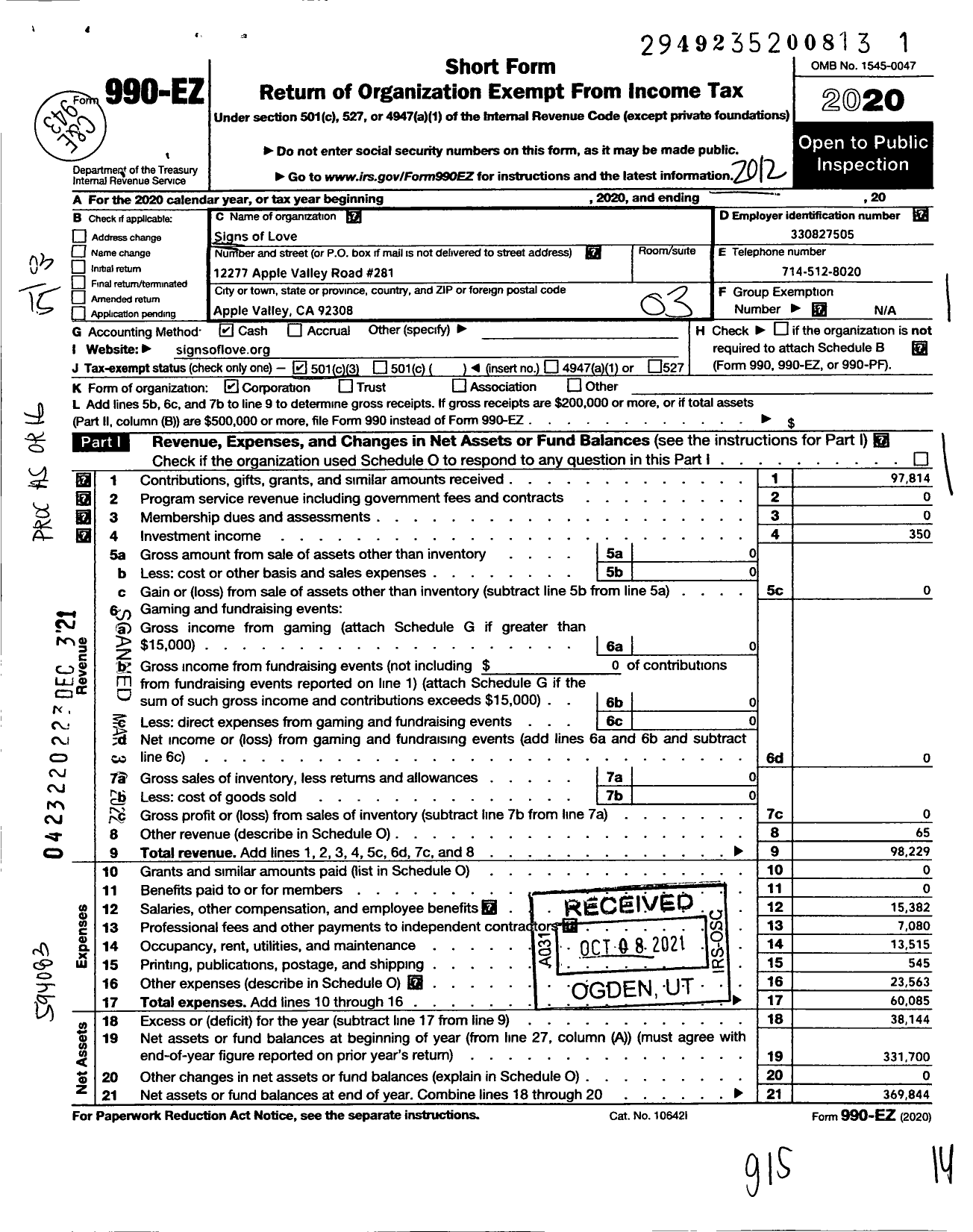 Image of first page of 2020 Form 990EZ for Signs of Love