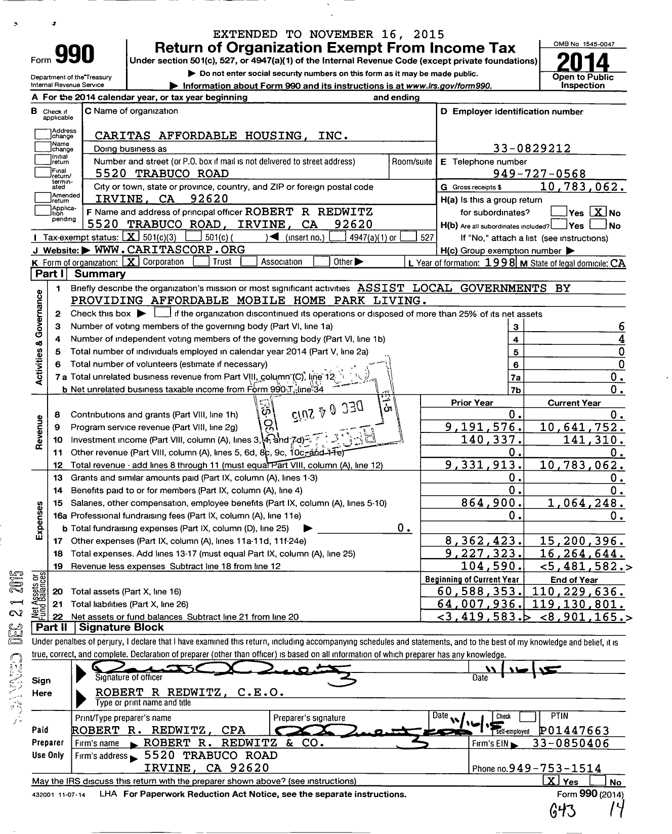 Image of first page of 2014 Form 990 for The Caritas Corporation