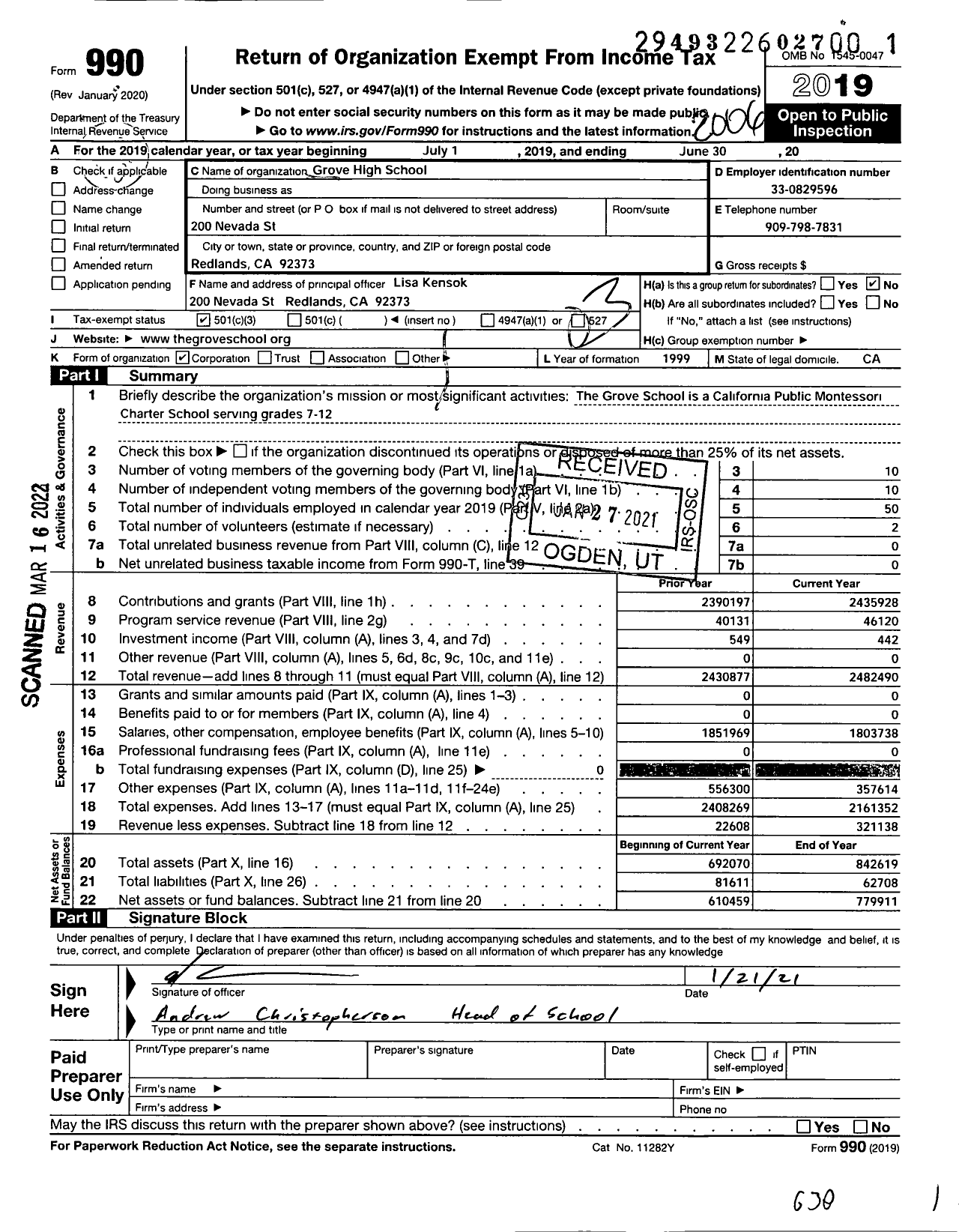 Image of first page of 2019 Form 990 for Grove High School