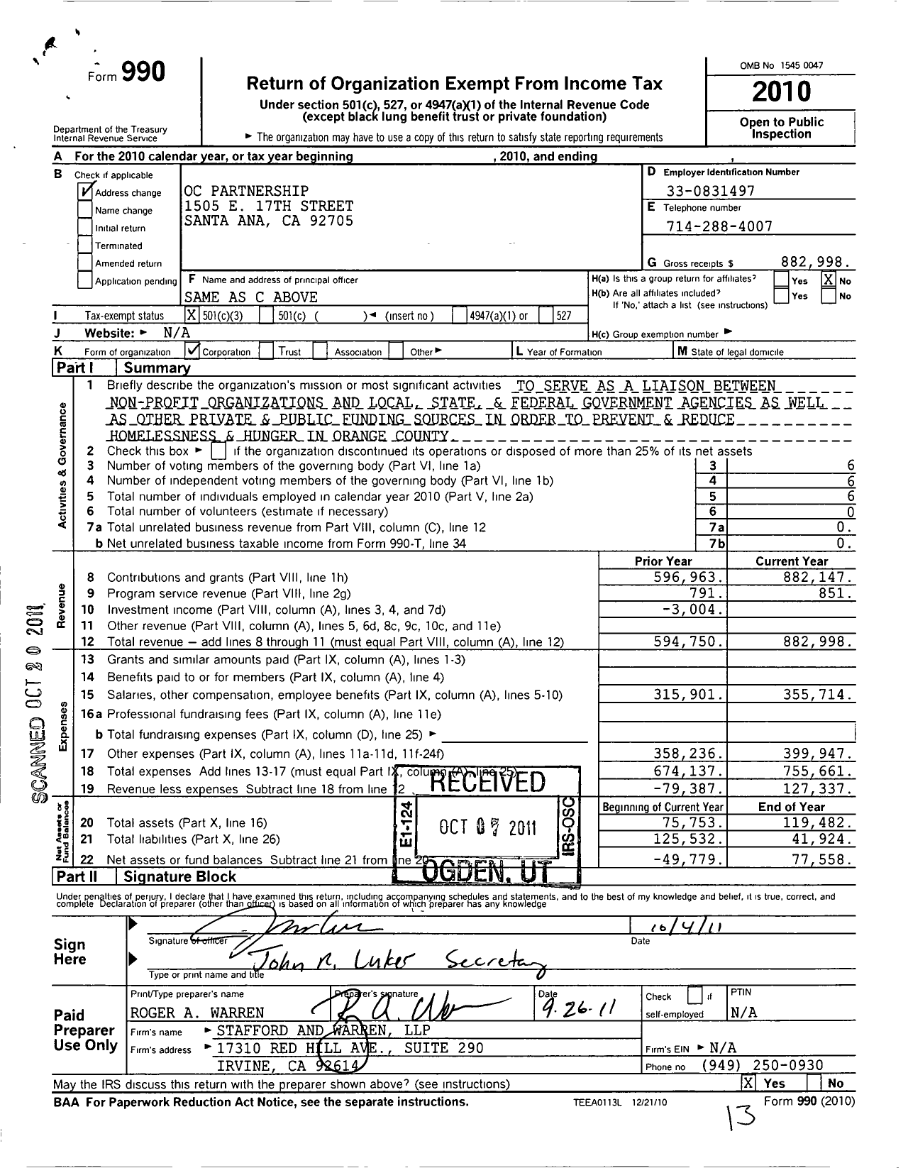 Image of first page of 2010 Form 990 for OC Partnership