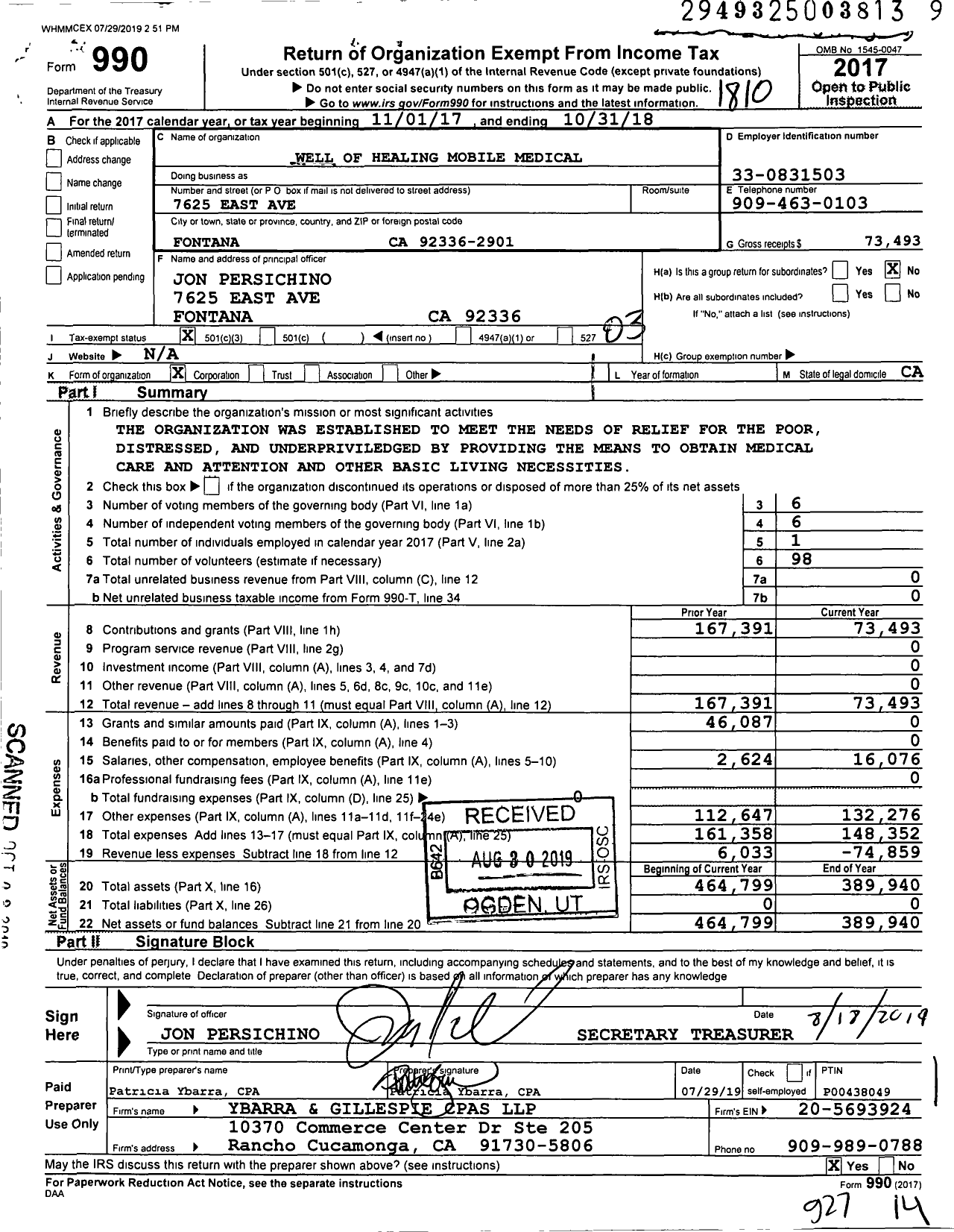 Image of first page of 2017 Form 990 for Well of Healing Mobile Medical