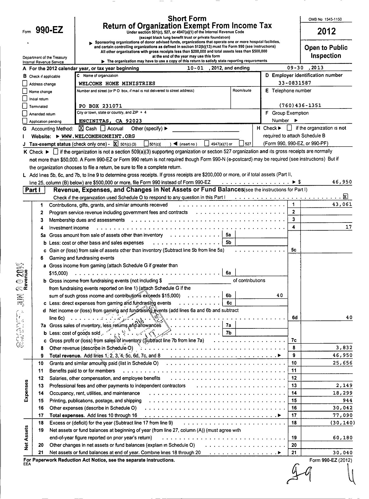 Image of first page of 2012 Form 990EZ for Welcome Home Ministries