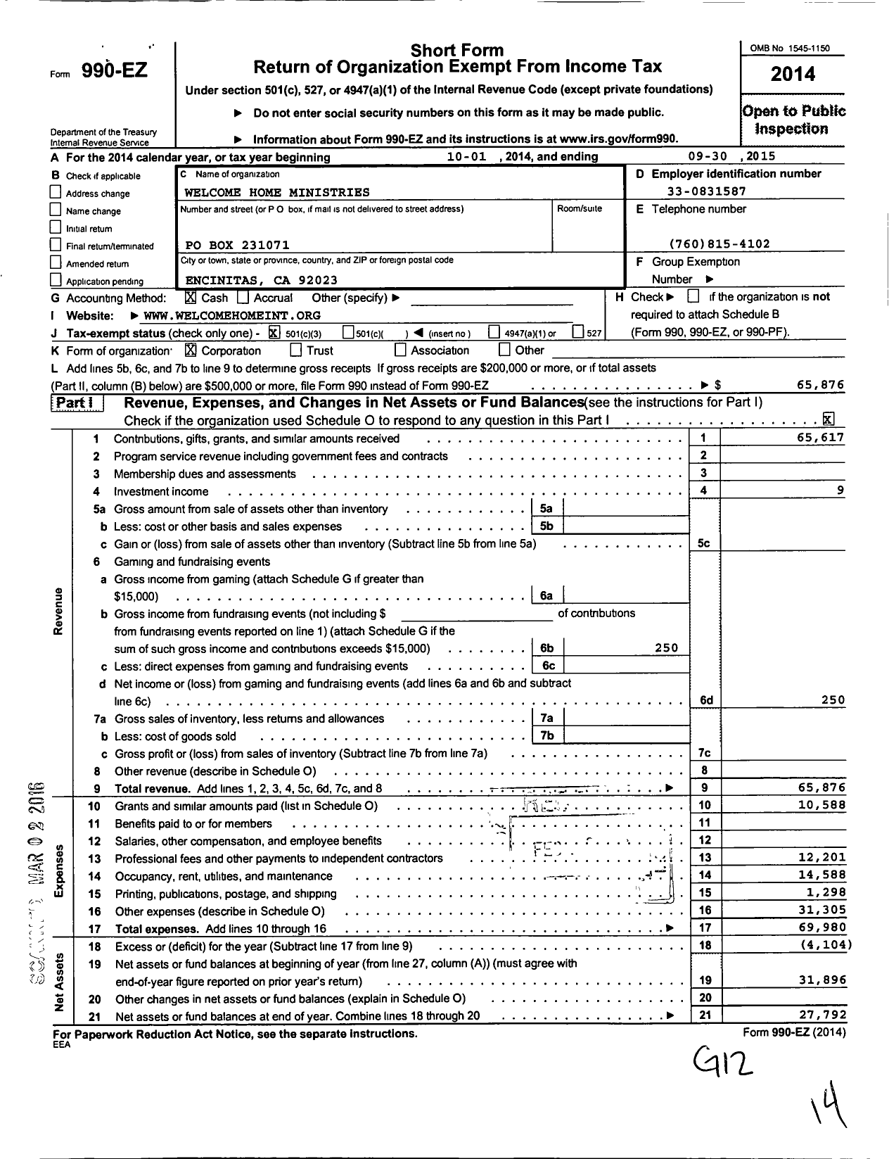 Image of first page of 2014 Form 990EZ for Welcome Home Ministries