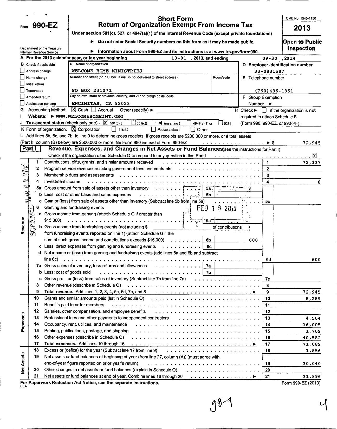 Image of first page of 2013 Form 990EZ for Welcome Home Ministries