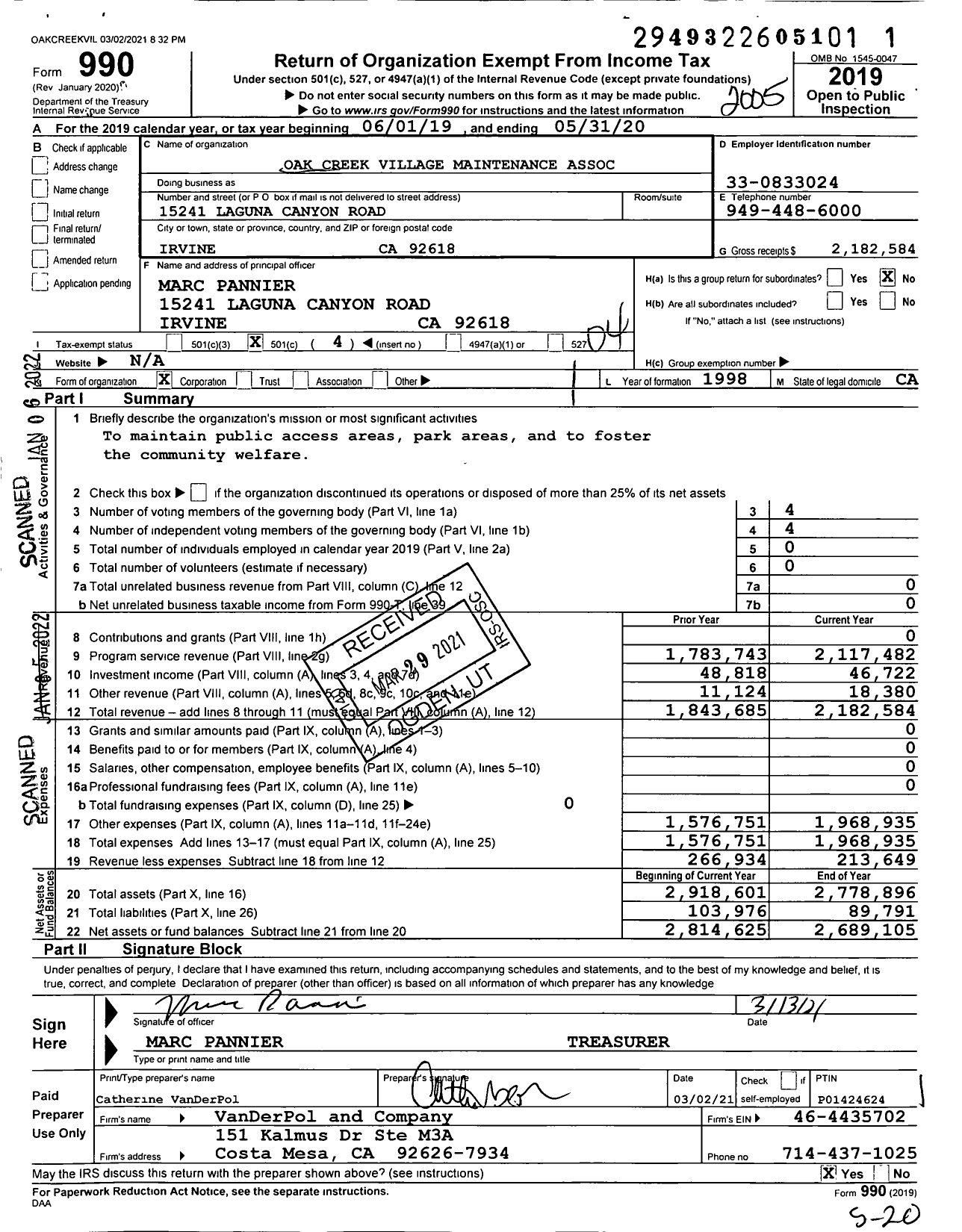 Image of first page of 2019 Form 990O for Oak Creek Village Maintenance Association