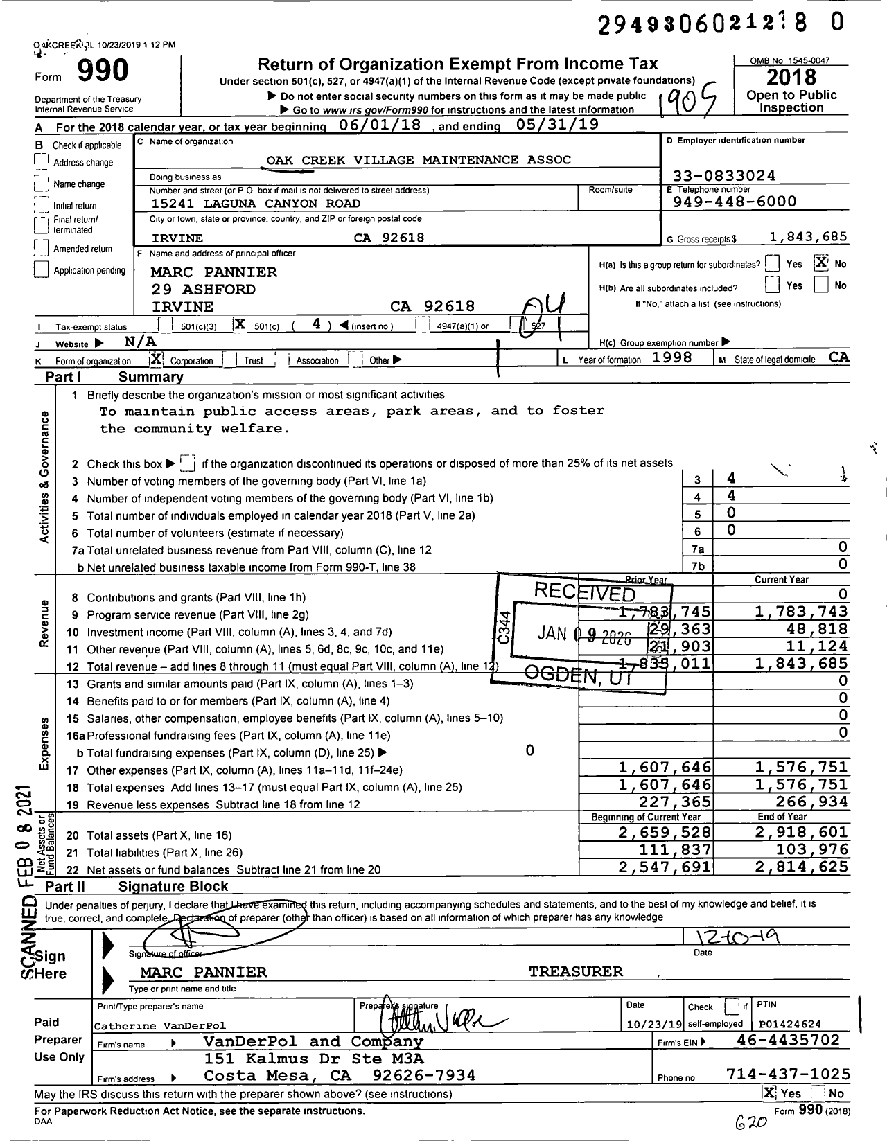 Image of first page of 2018 Form 990O for Oak Creek Village Maintenance Association