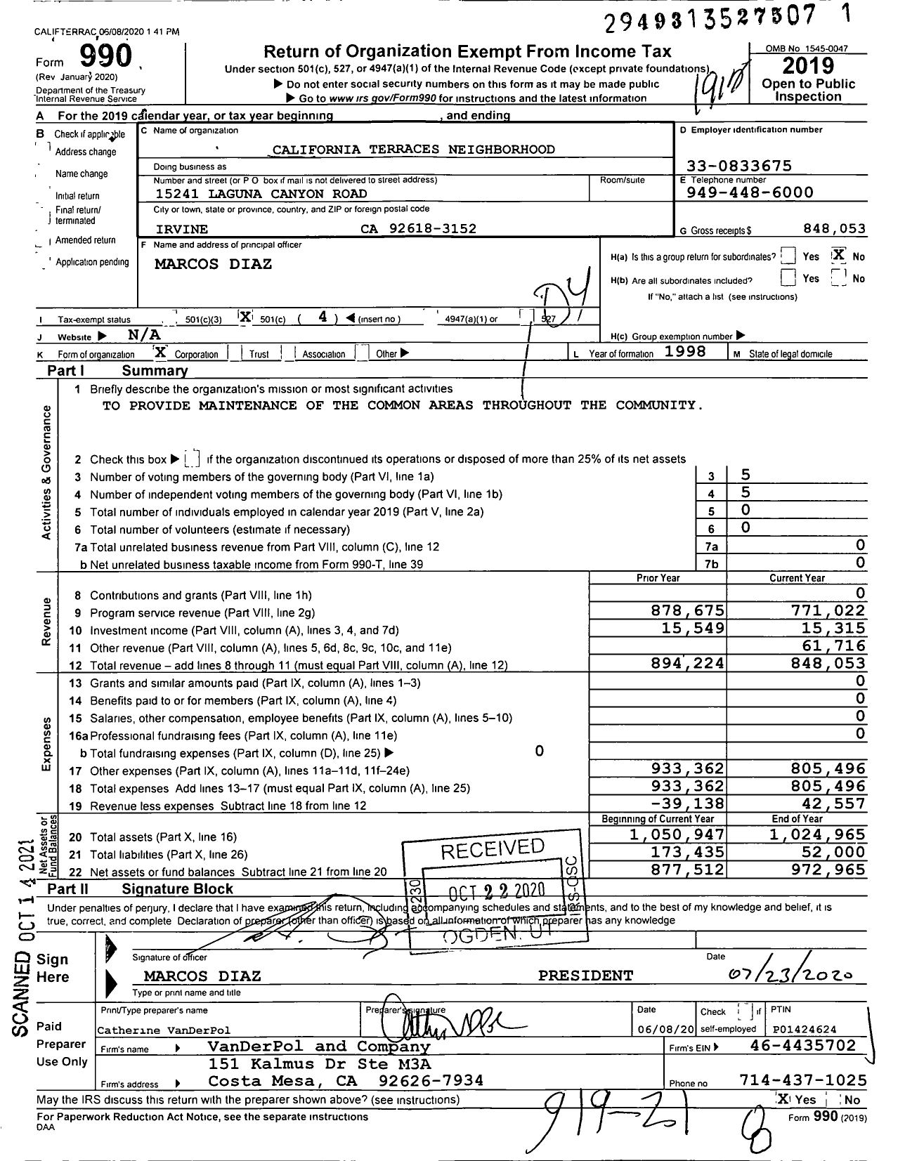 Image of first page of 2019 Form 990O for California Terraces Neighborhood Homeowners Association