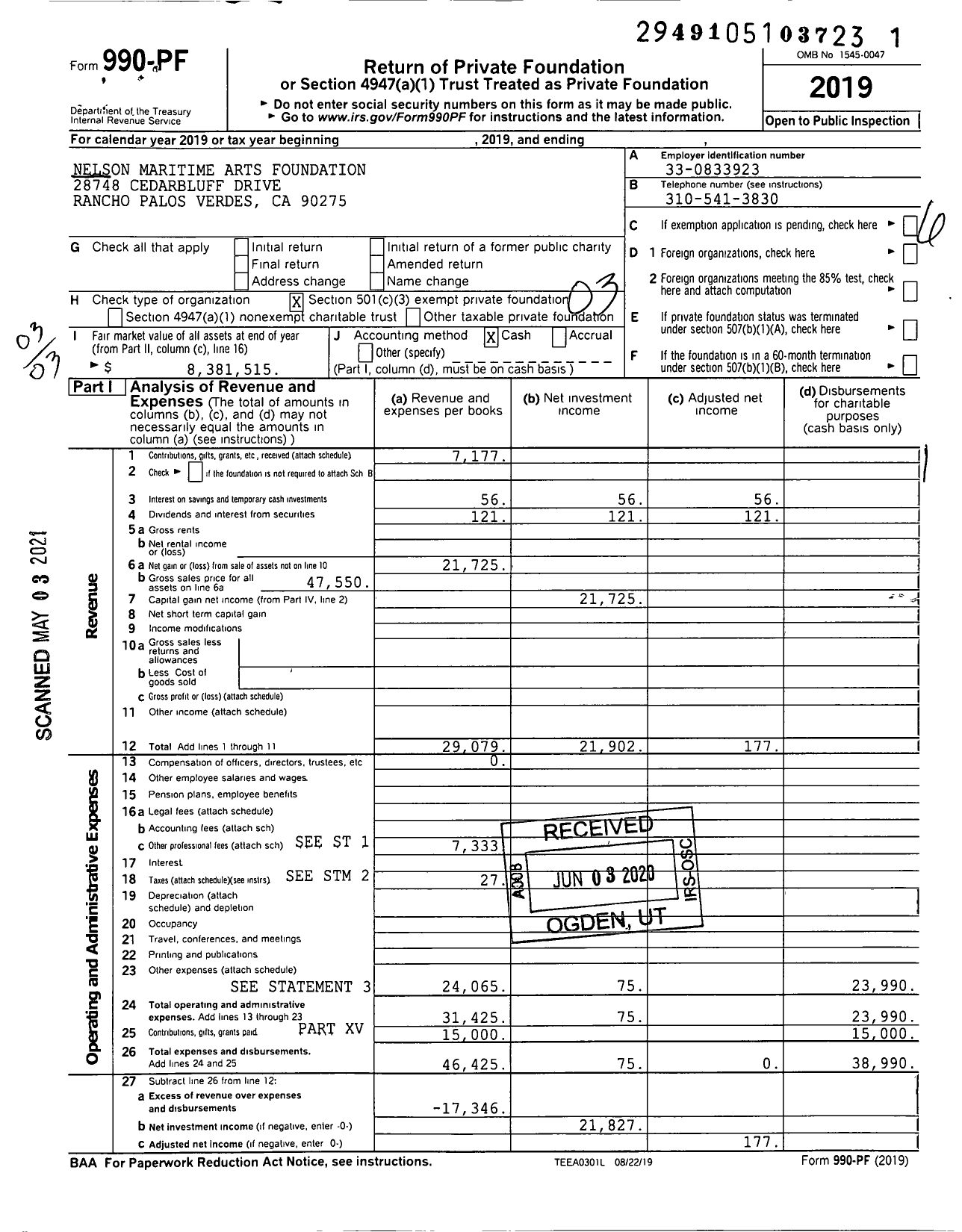 Image of first page of 2019 Form 990PF for Nelson Maritime Arts Foundation