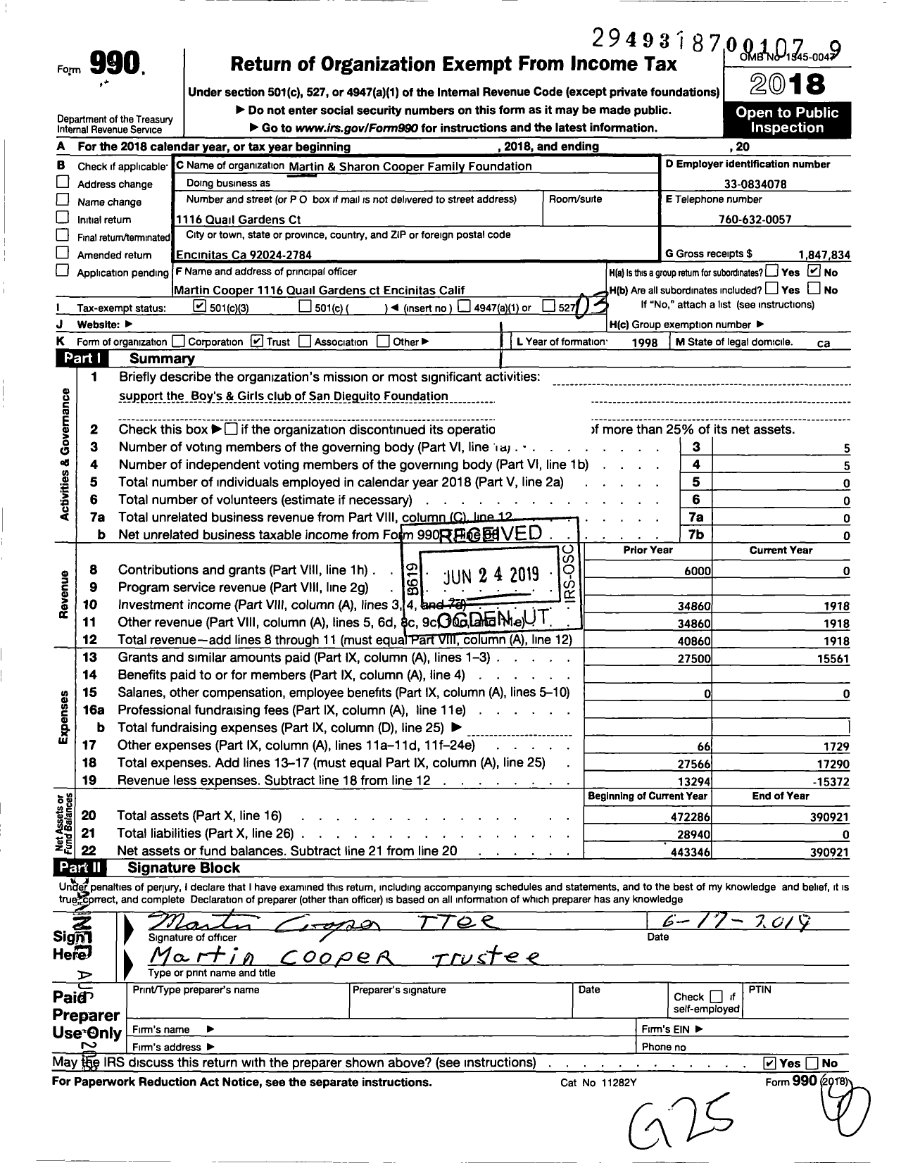 Image of first page of 2018 Form 990 for Martin and Sharon Cooper Family Foundation