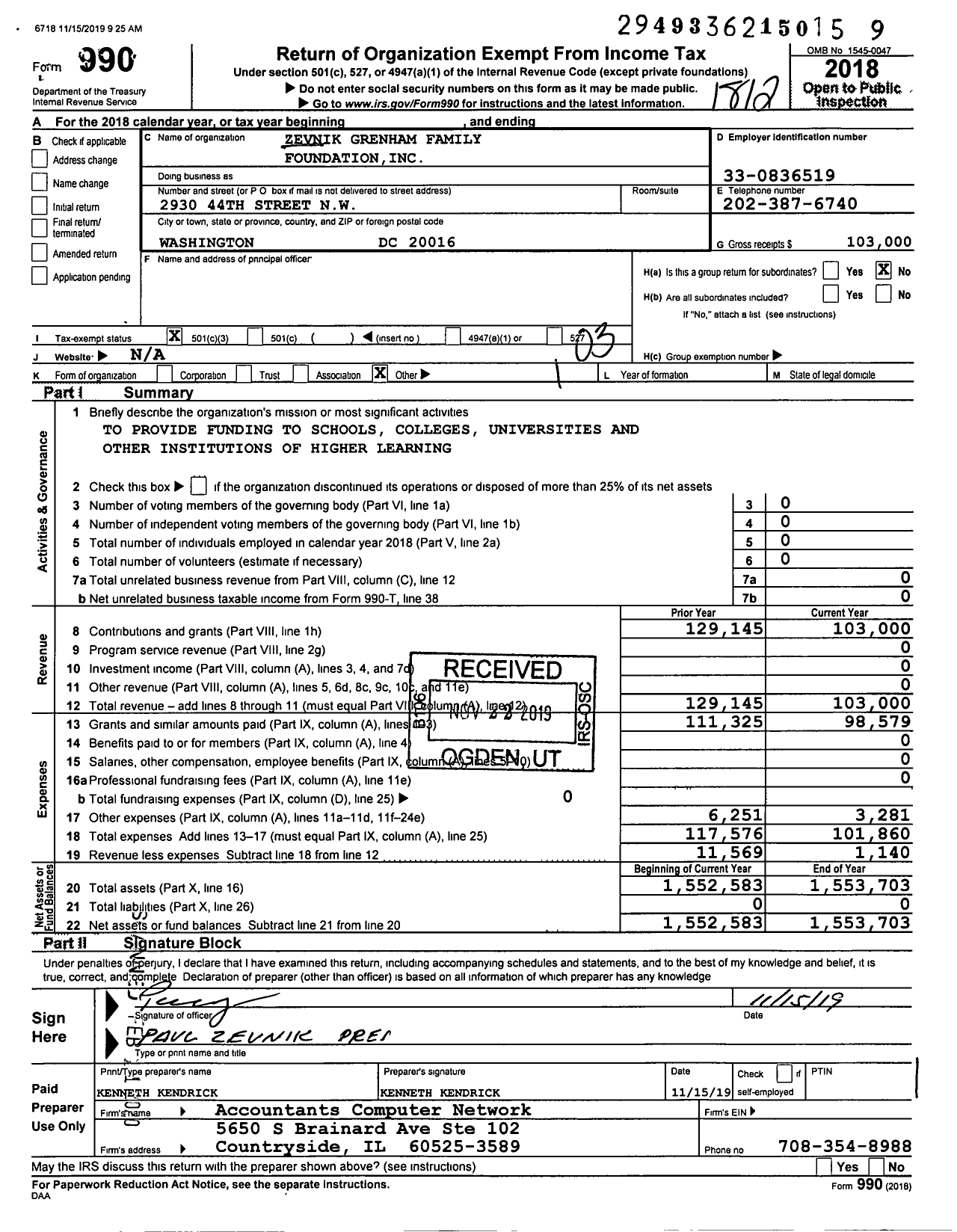 Image of first page of 2018 Form 990 for Zevnik Grenham Family Foundation