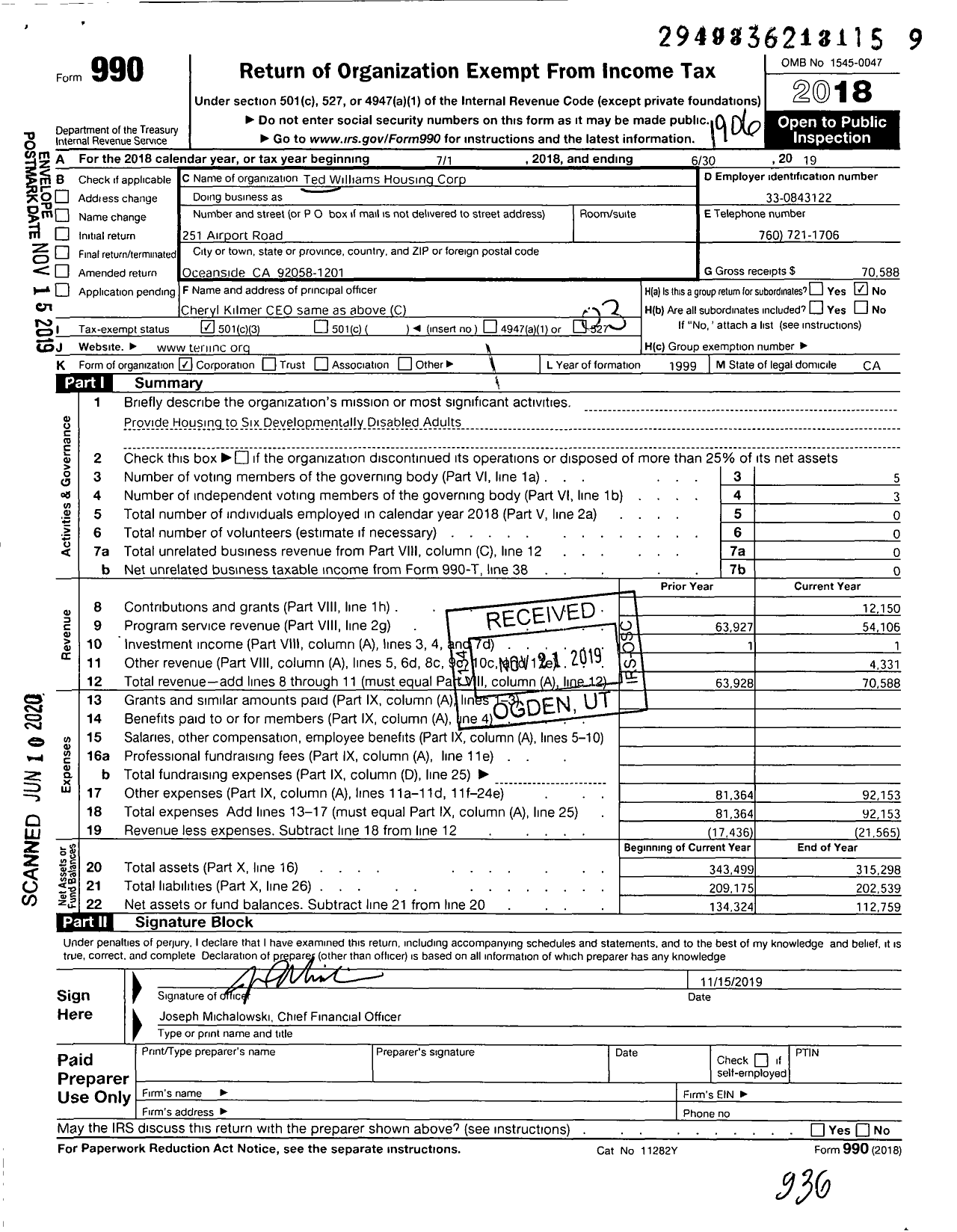 Image of first page of 2018 Form 990 for Ted Williams Housing Corp