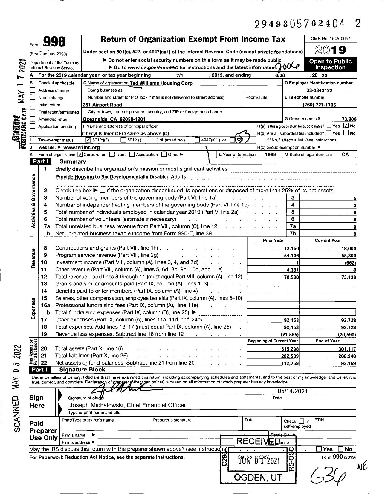 Image of first page of 2019 Form 990 for Ted Williams Housing Corp