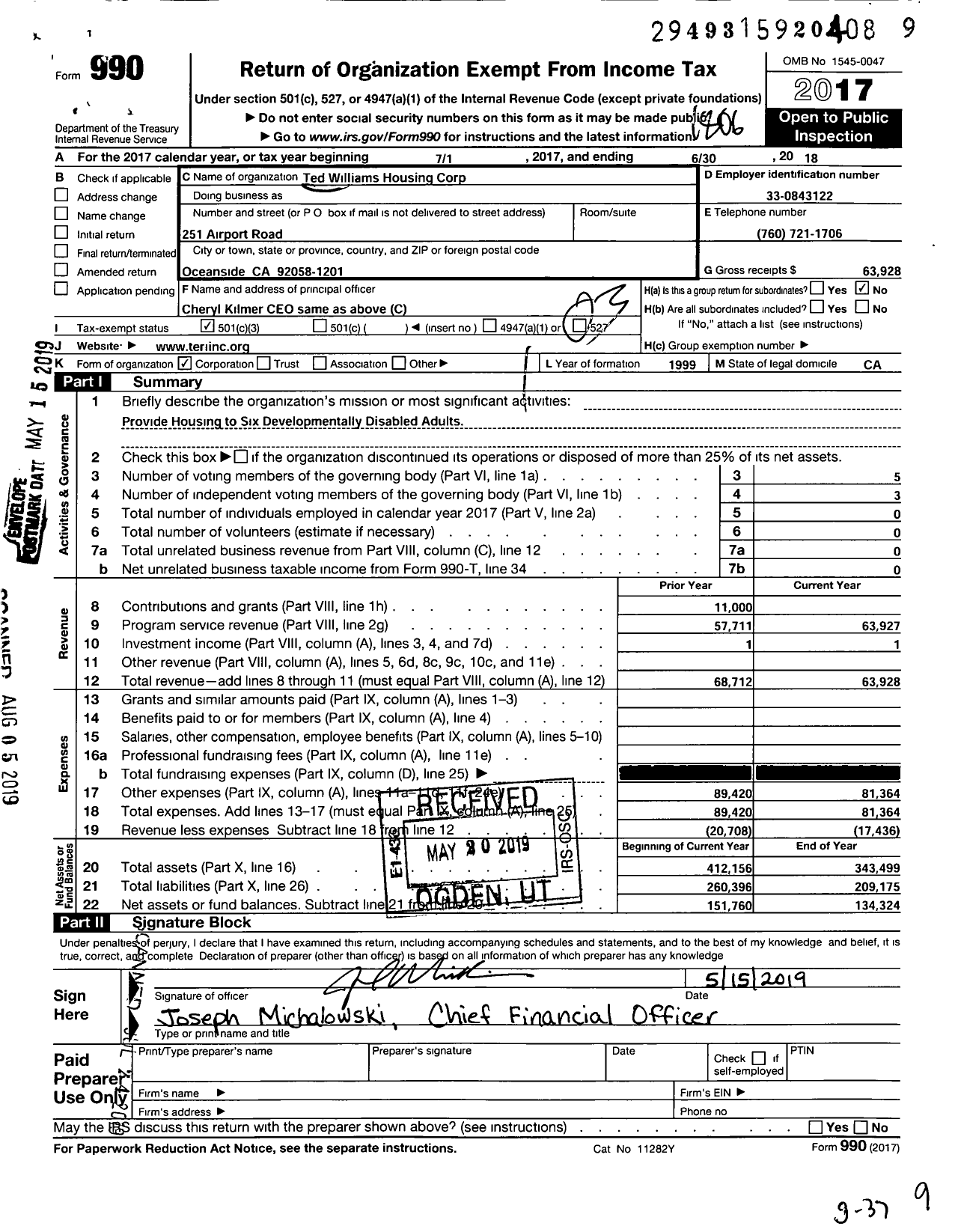 Image of first page of 2017 Form 990 for Ted Williams Housing Corp