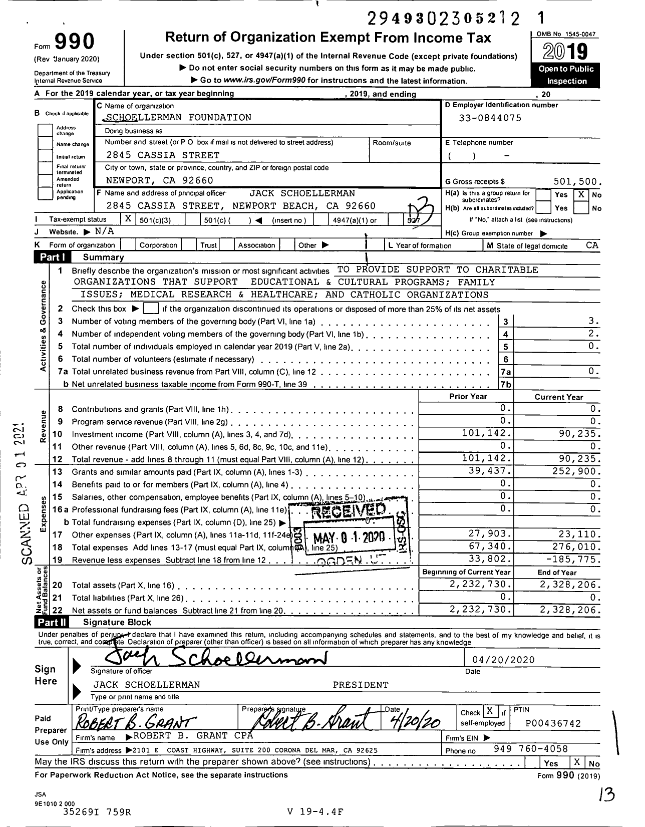 Image of first page of 2019 Form 990 for Schoellerman Foundation