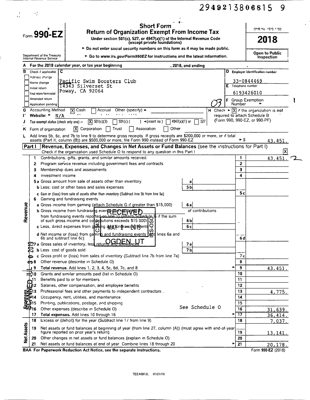 Image of first page of 2018 Form 990EZ for Pacific Swim Boosters Club