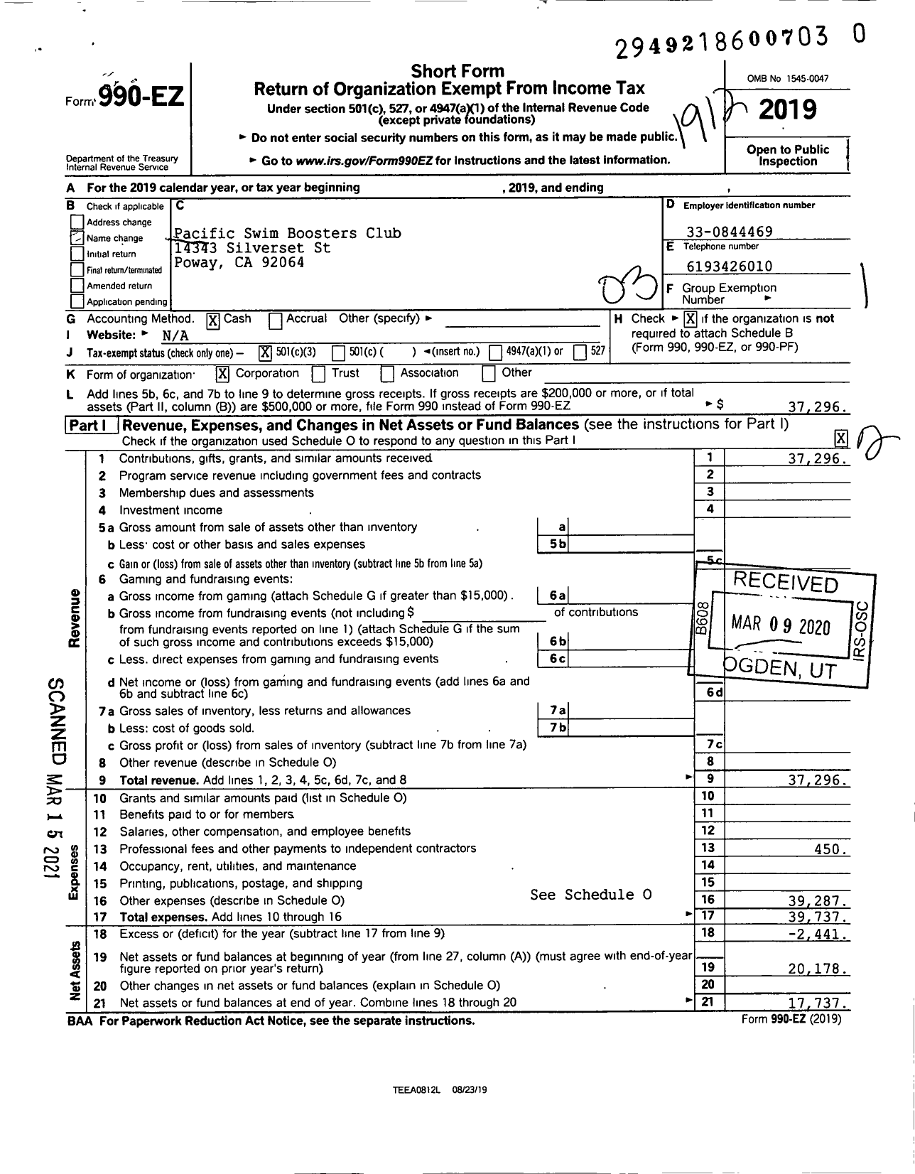 Image of first page of 2019 Form 990EZ for Pacific Swim Boosters Club