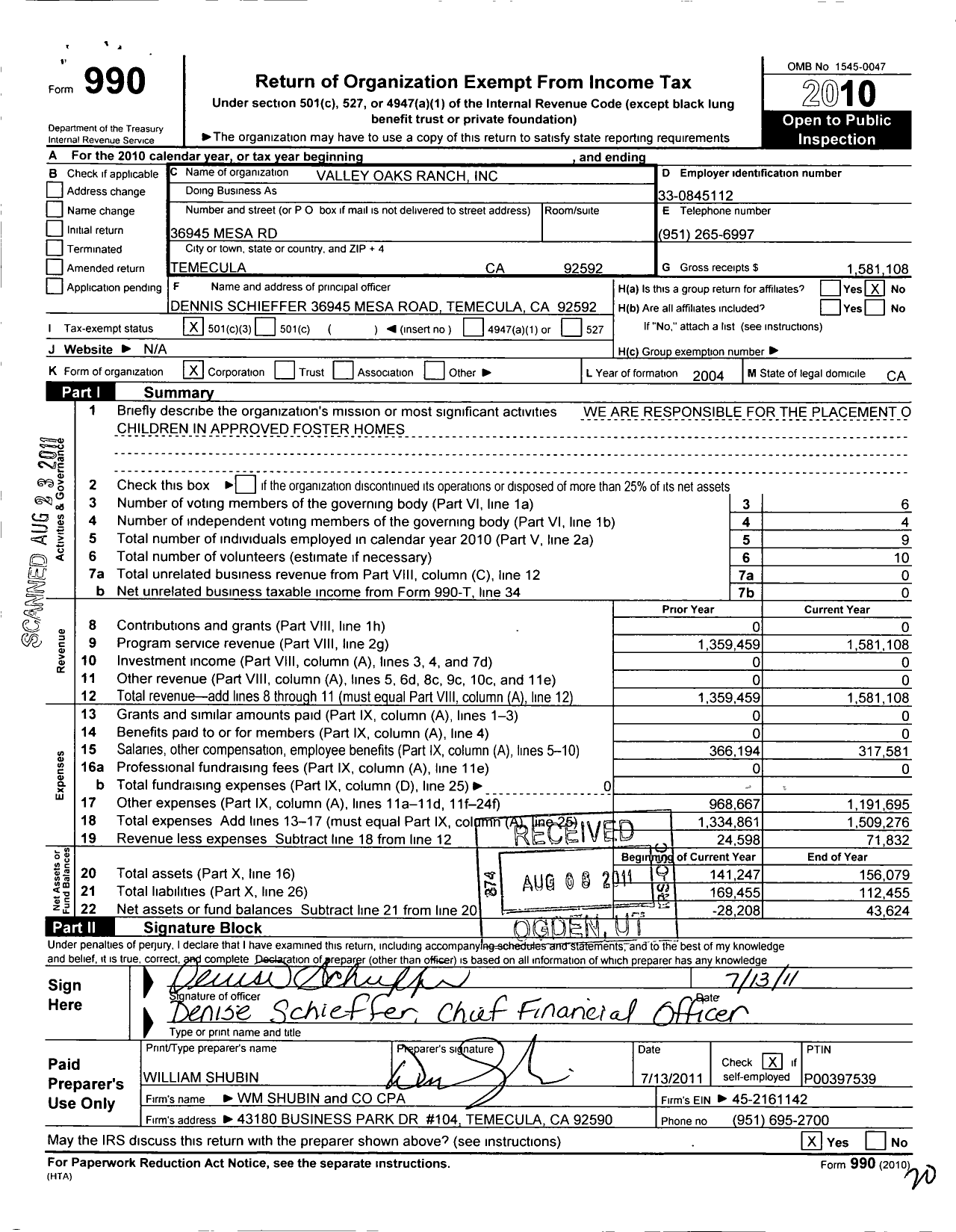 Image of first page of 2010 Form 990 for Valley Oaks Ranch