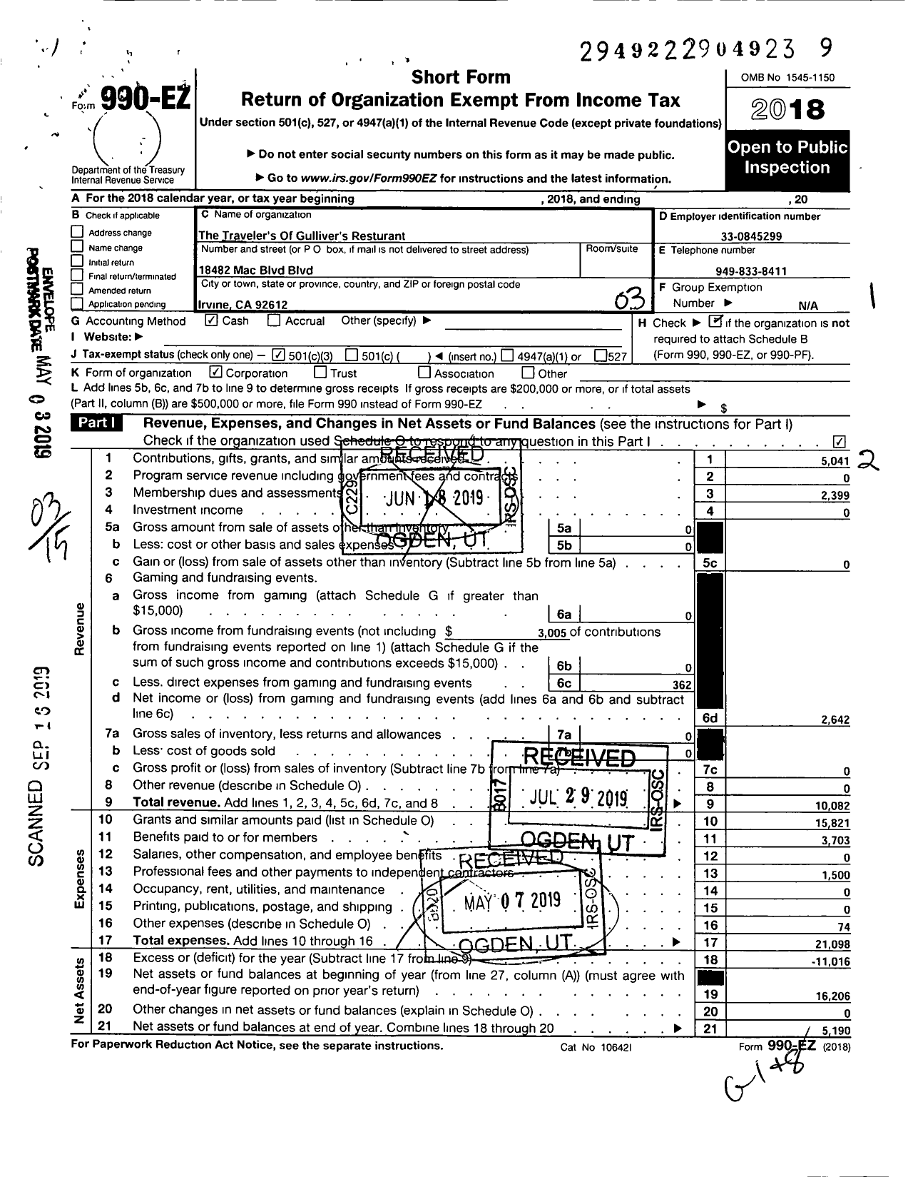 Image of first page of 2018 Form 990EZ for Travelers of Gullivers Restaurant