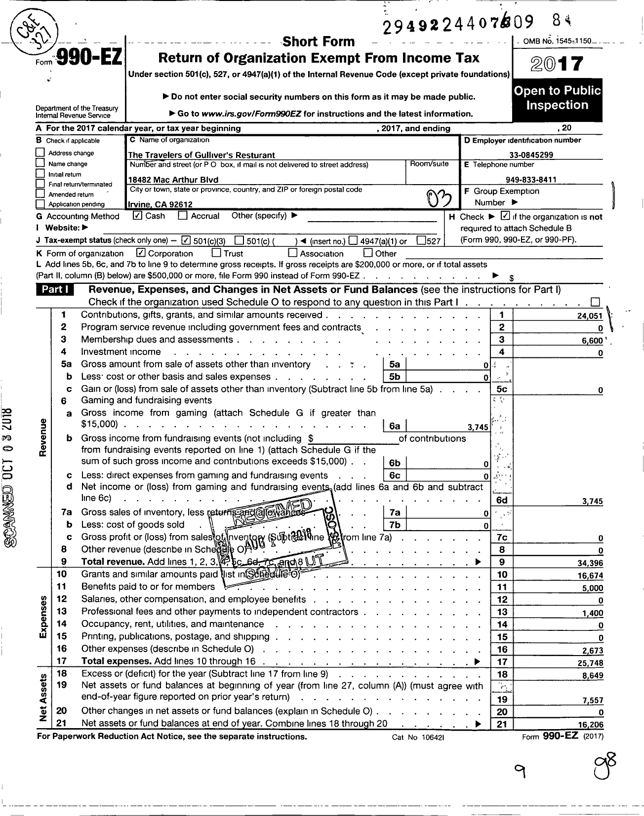 Image of first page of 2017 Form 990EZ for Travelers of Gullivers Restaurant