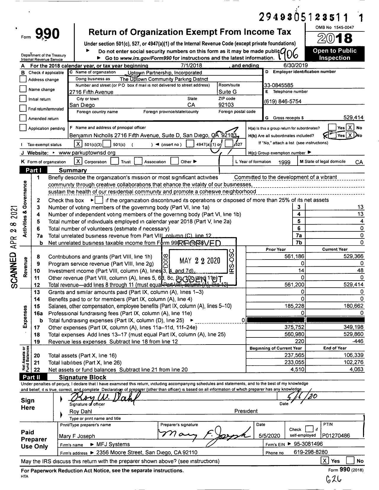 Image of first page of 2018 Form 990 for The Uptown Community Parking District