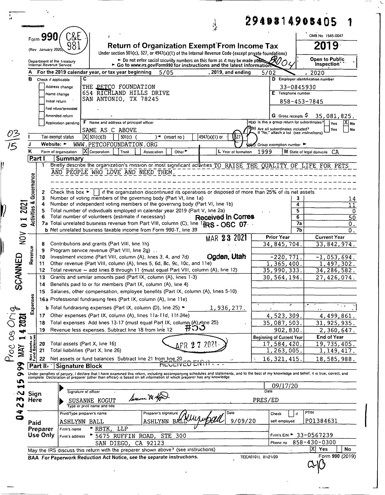 Image of first page of 2019 Form 990 for Petco Love