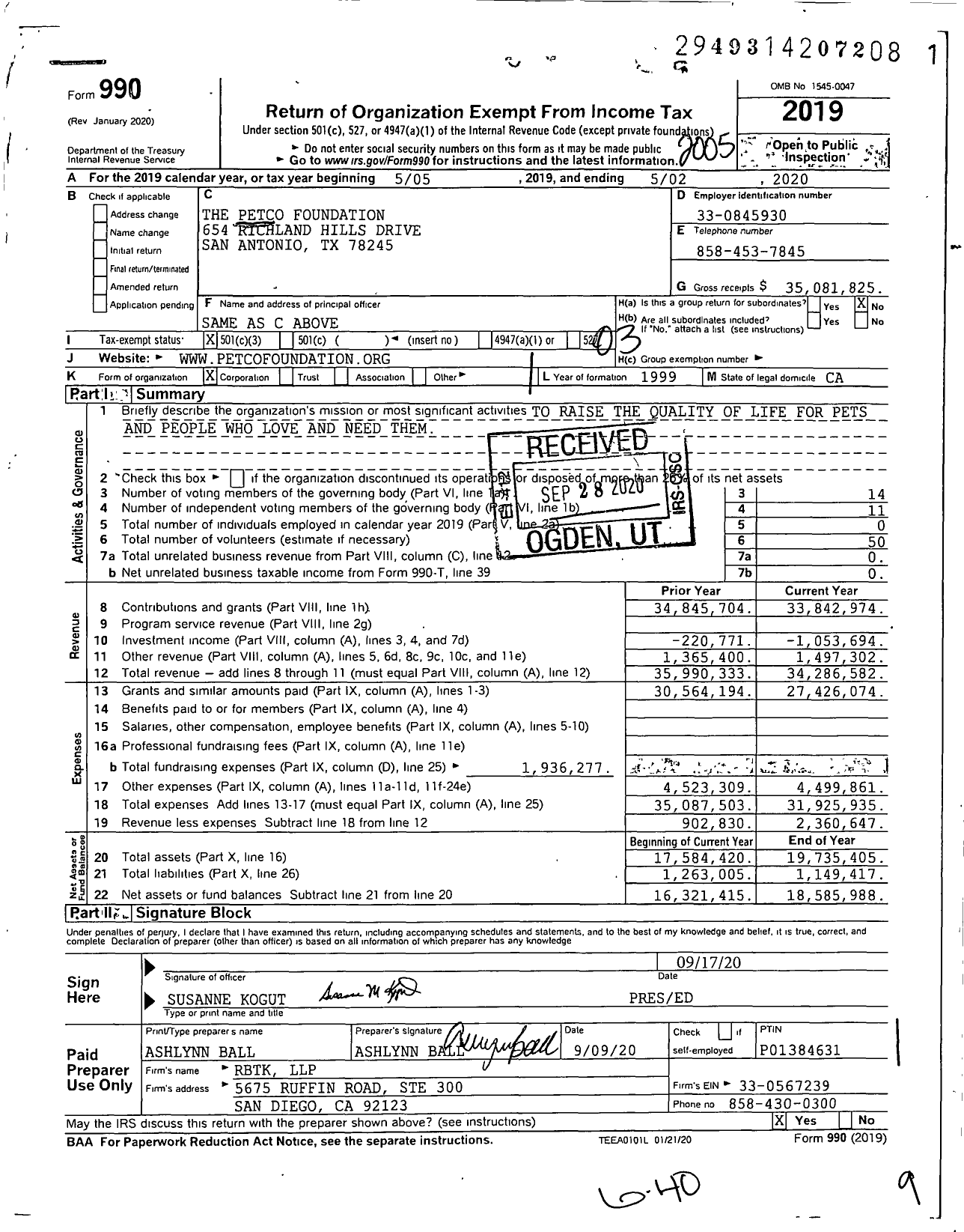 Image of first page of 2019 Form 990 for Petco Love