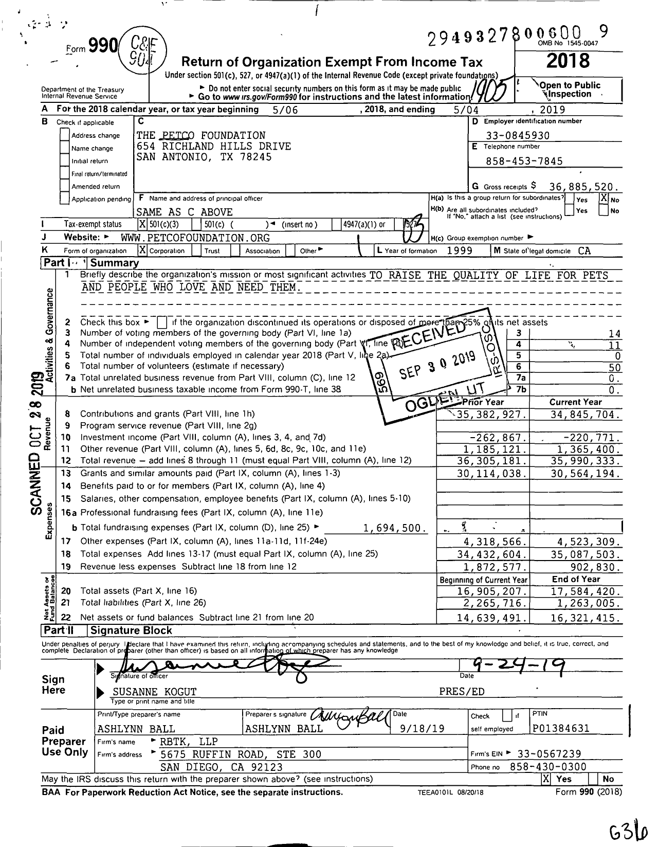 Image of first page of 2018 Form 990 for Petco Love