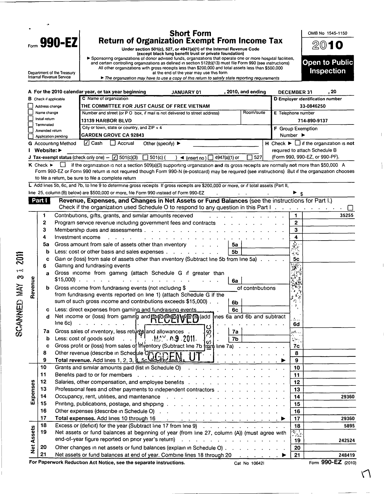 Image of first page of 2010 Form 990EZ for Committee for Just Cause of Free Vietnam