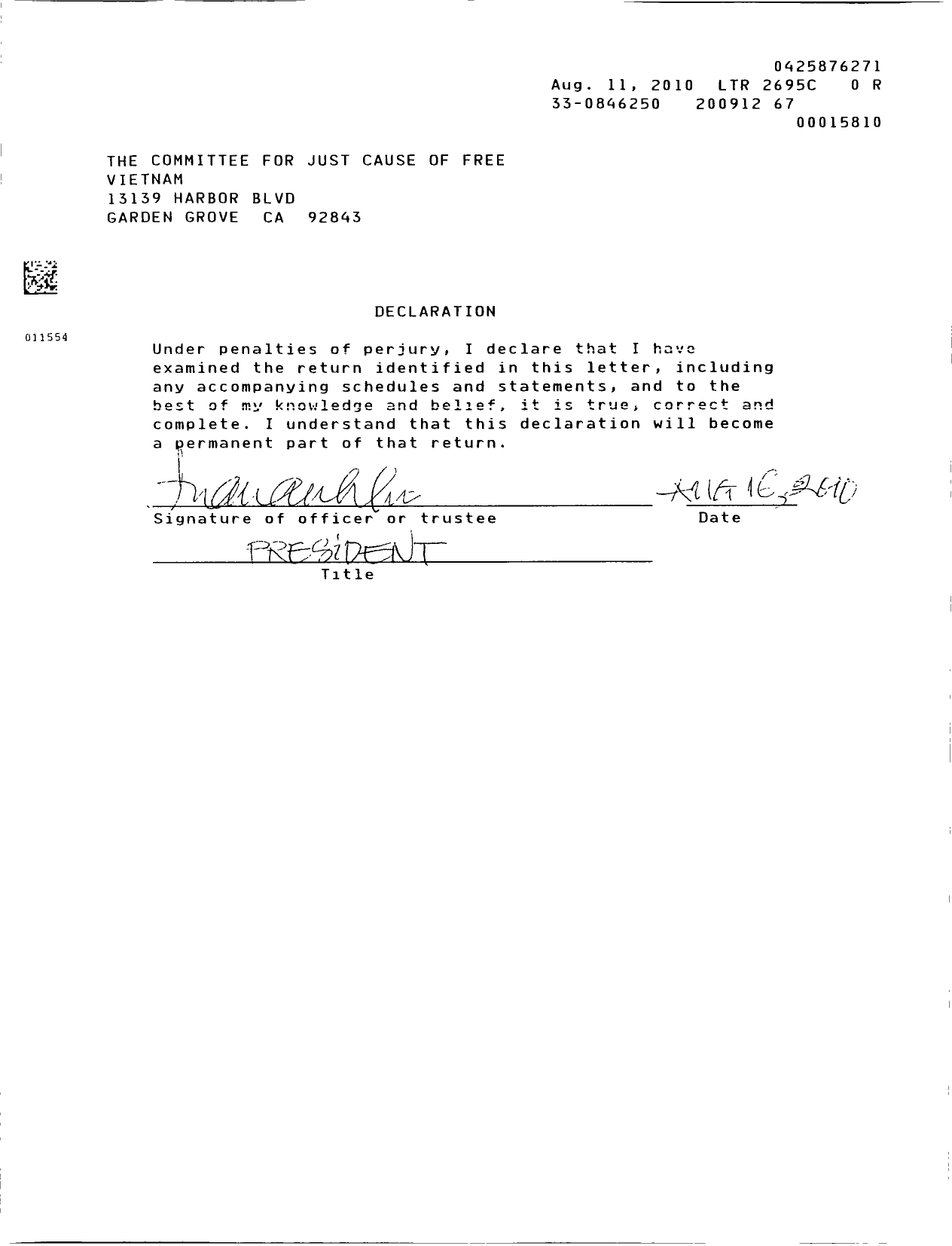 Image of first page of 2009 Form 990ER for Committee for Just Cause of Free Vietnam