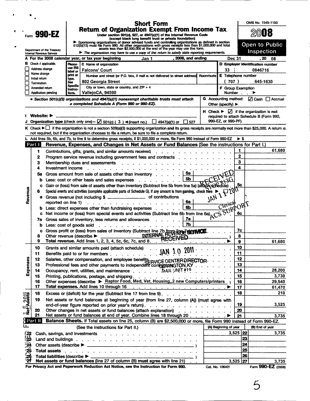 Image of first page of 2008 Form 990EZ for Falcons Court