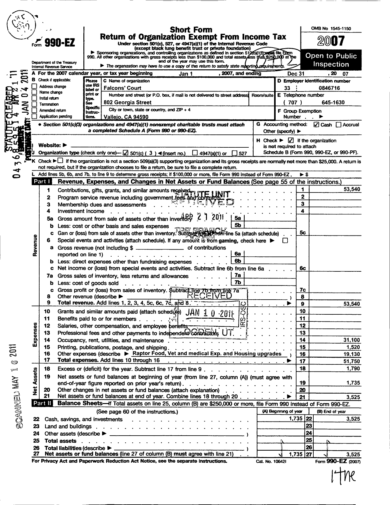 Image of first page of 2007 Form 990EZ for Falcons Court