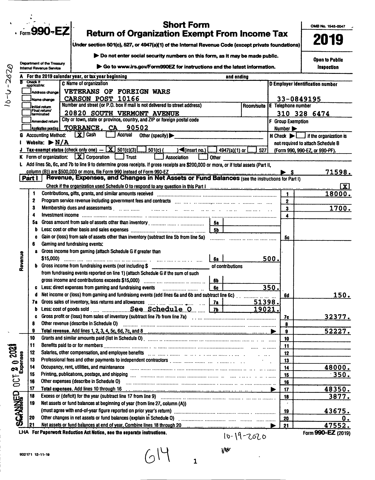 Image of first page of 2019 Form 990EZ for VFW California Department - 10166 4 Carson