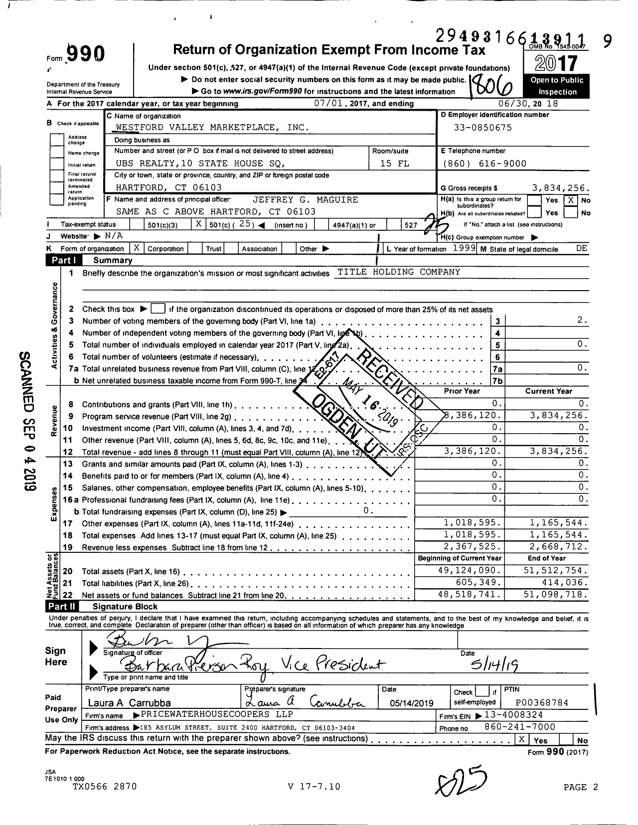 Image of first page of 2017 Form 990O for Westford Valley Marketplace