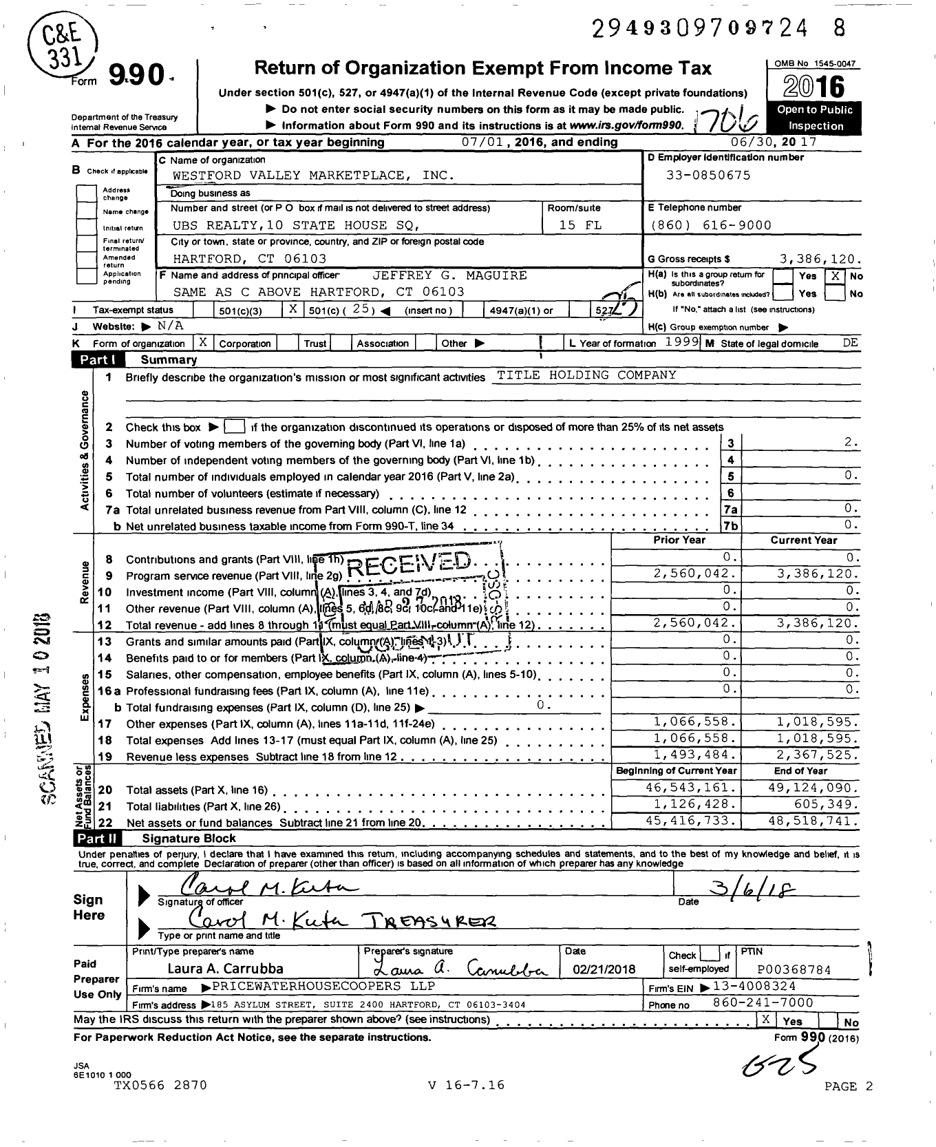 Image of first page of 2016 Form 990O for Westford Valley Marketplace