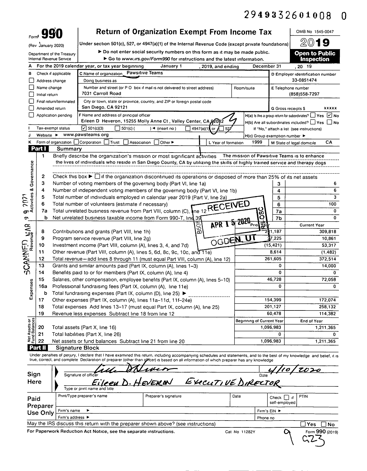 Image of first page of 2019 Form 990 for Pawsitive Teams
