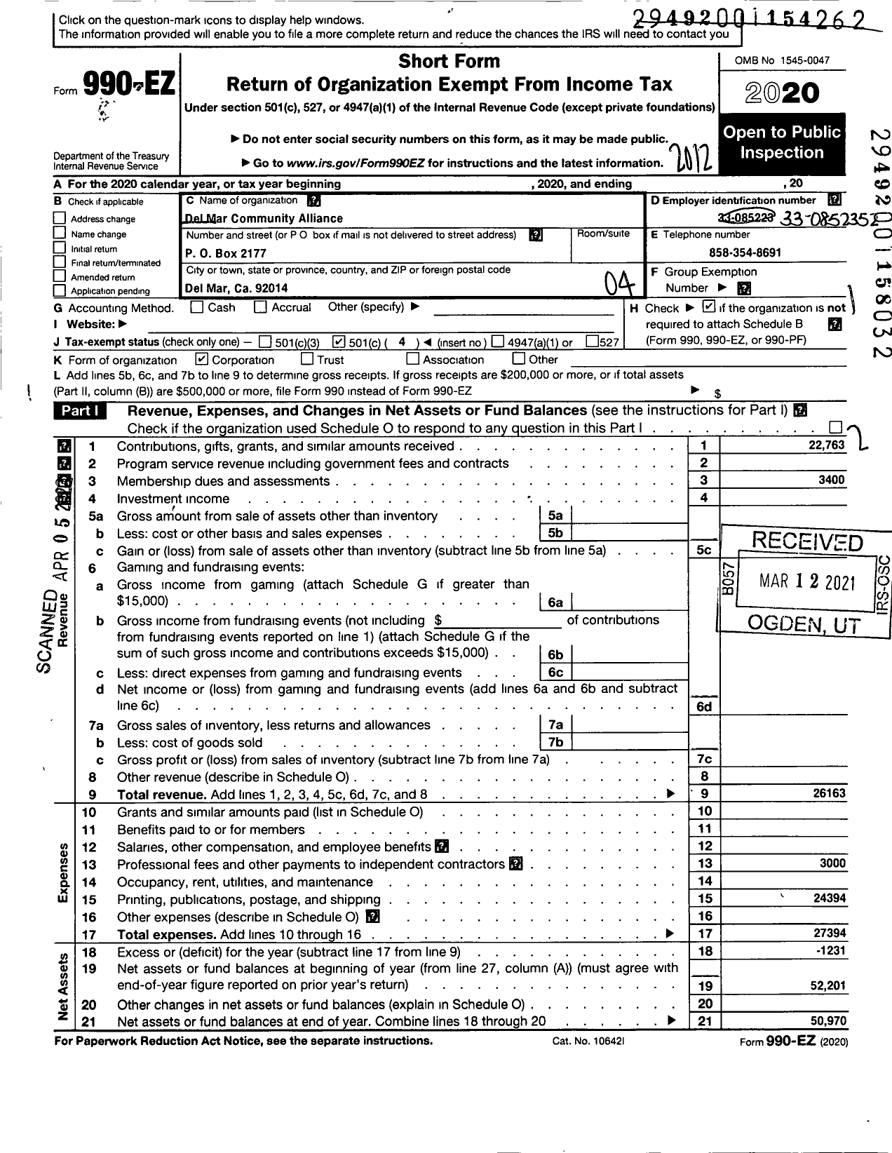 Image of first page of 2020 Form 990EO for Del Mar Community Alliance